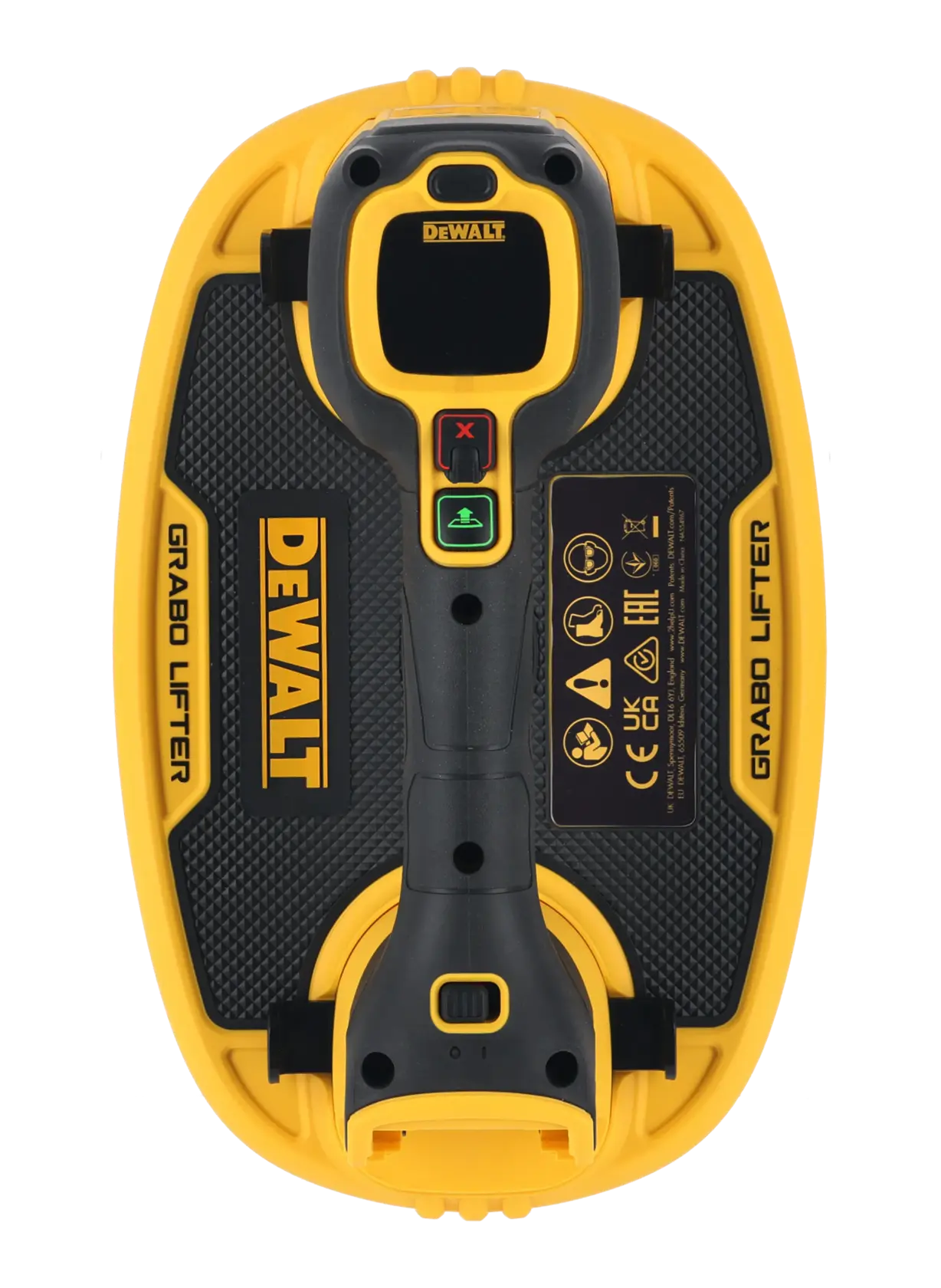 Outil DEWALT GRABO Lifter jaune et noir, boutons de contrôle et logo visibles sur poignée et base.