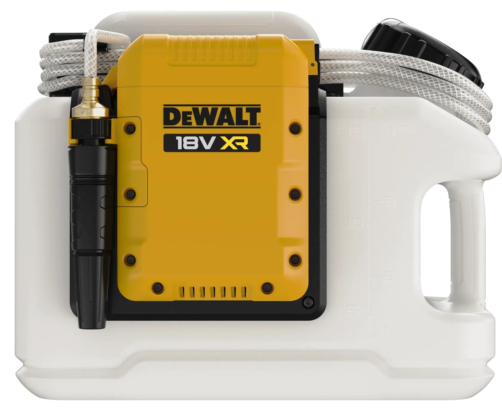 Producto fotográfico DEWALT DCE6820N, DCE6820N-XJ, pulverizador 18V XR con manguera y mango, blanco y amarillo.