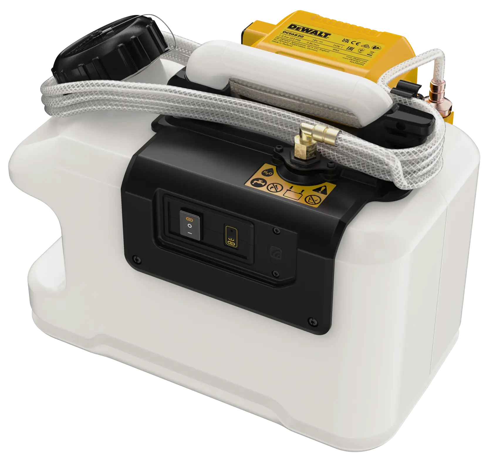 Producto de fotografía DEWALT DCE6820N y DCE6820N-XJ, dispositivo compacto con manguera y botones arriba.