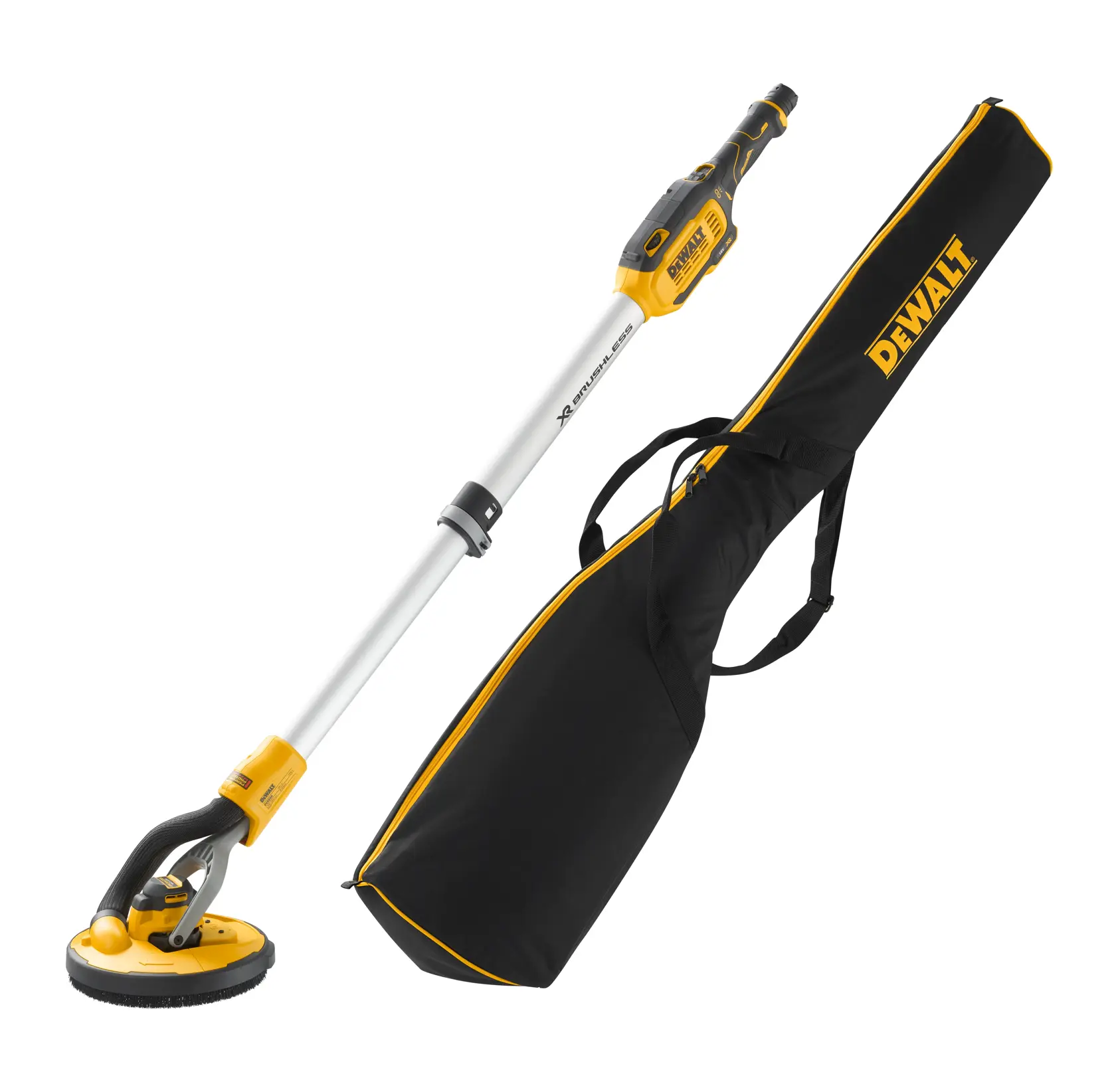 Ponceuse à plâtre DEWALT avec long manche et housse noire sur fond blanc.