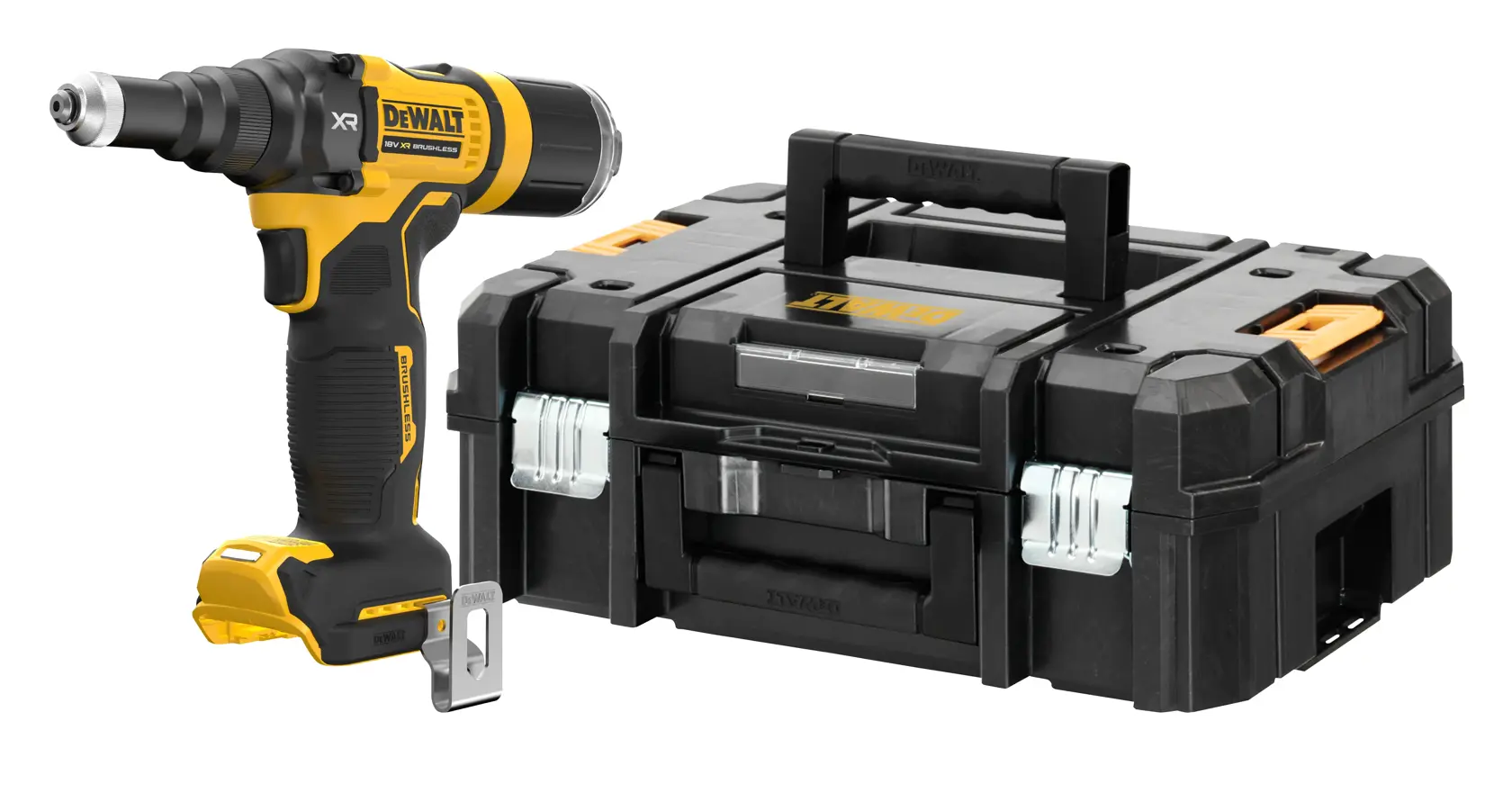 Perceuse sans fil DEWALT noire et jaune à côté d'une mallette noire robuste avec poignée.