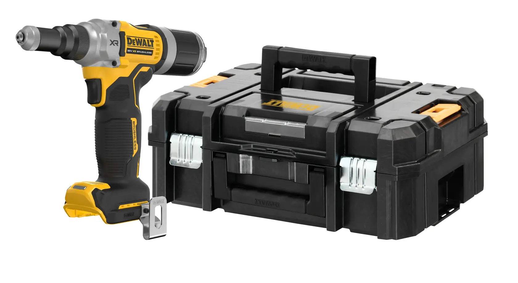 Outil sans fil DEWALT avec boîte noire sur fond blanc.