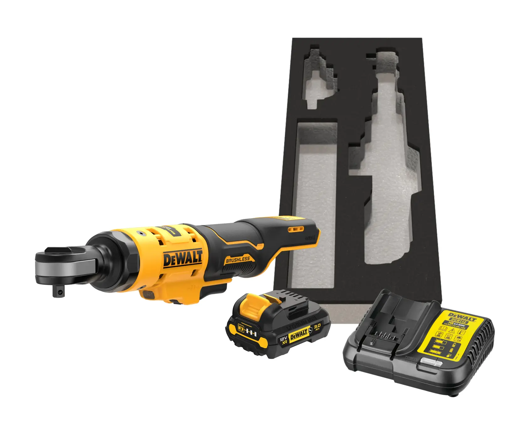 Kit de clé à cliquet sans fil DEWALT comprenant un outil à cliquet brushless jaune et noir, une batterie, un chargeur et un plateau en mousse sur mesure pour le rangement.