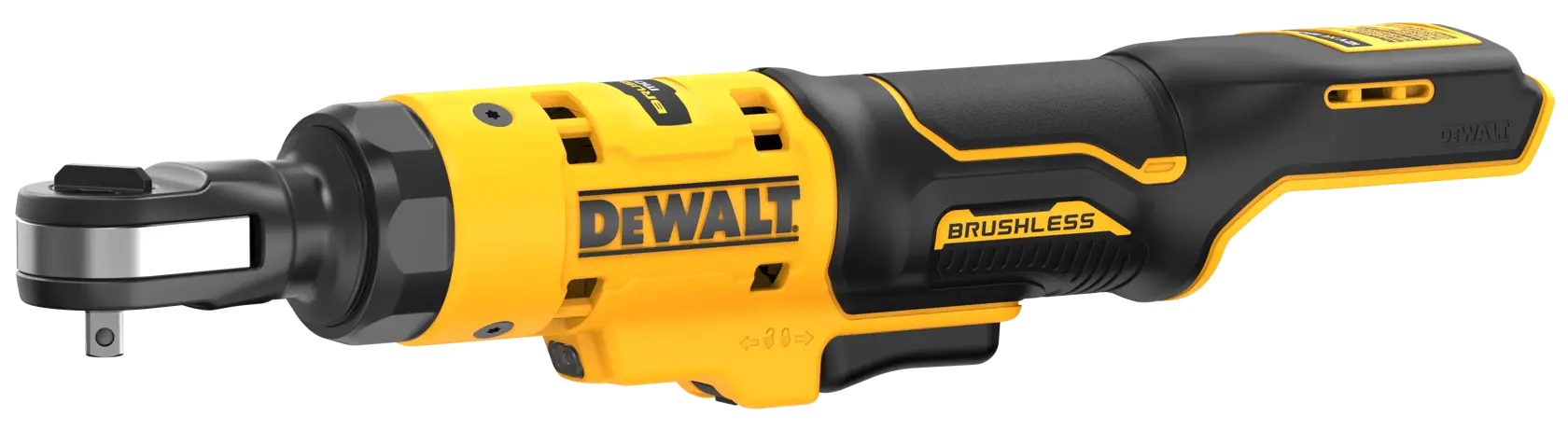 Outil à cliquet sans fil et sans balais DEWALT jaune et noir avec une poignée ergonomique et un design compact.