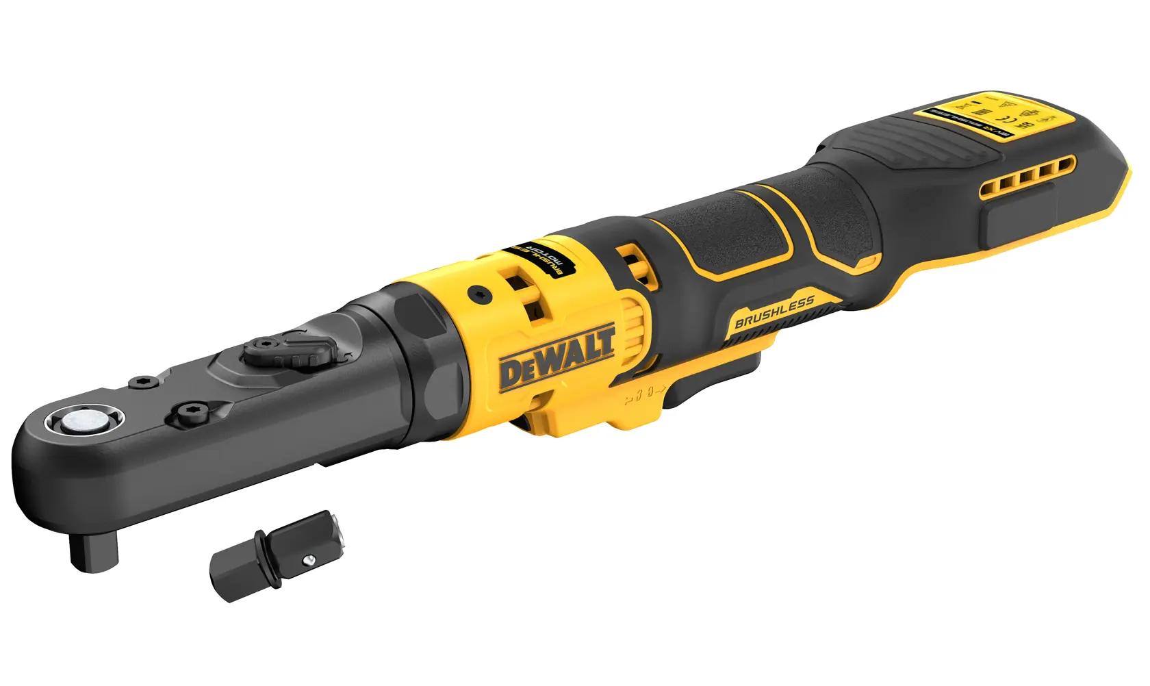 Clé à cliquet sans fil DEWALT DCF510N avec moteur brushless et adaptateur, design noir et jaune.