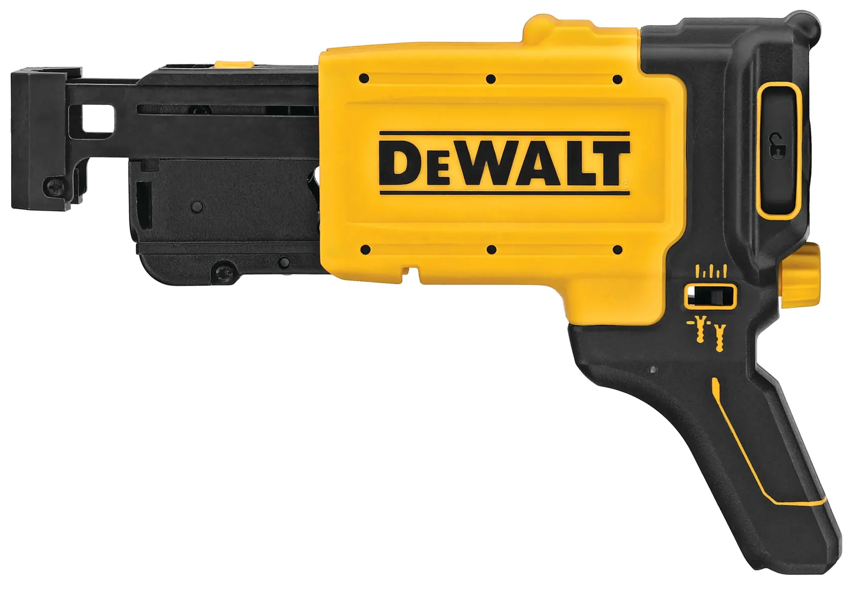 Accesorio para atornillador de paneles de yeso DEWALT DCF6202, mostrado en perfil lateral con carcasa amarilla y negra, diseñado para usar con herramientas eléctricas DEWALT compatibles.