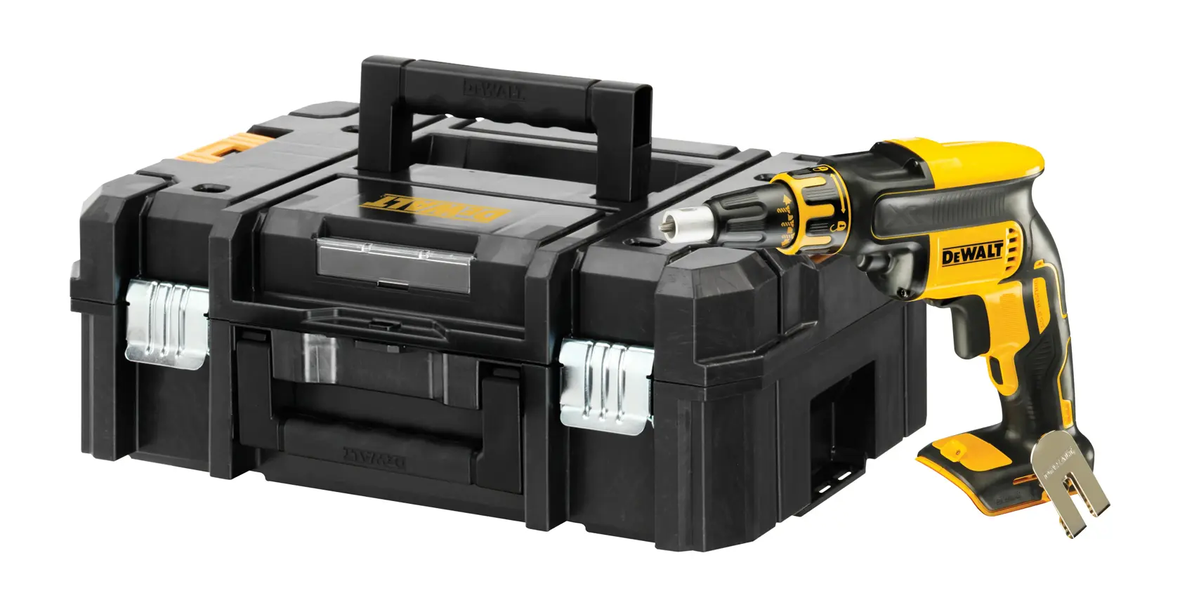 Tournevis sans fil DEWALT DCF620NT-XJ, noir et jaune, clip métallique, 18V brushless, vue latérale.