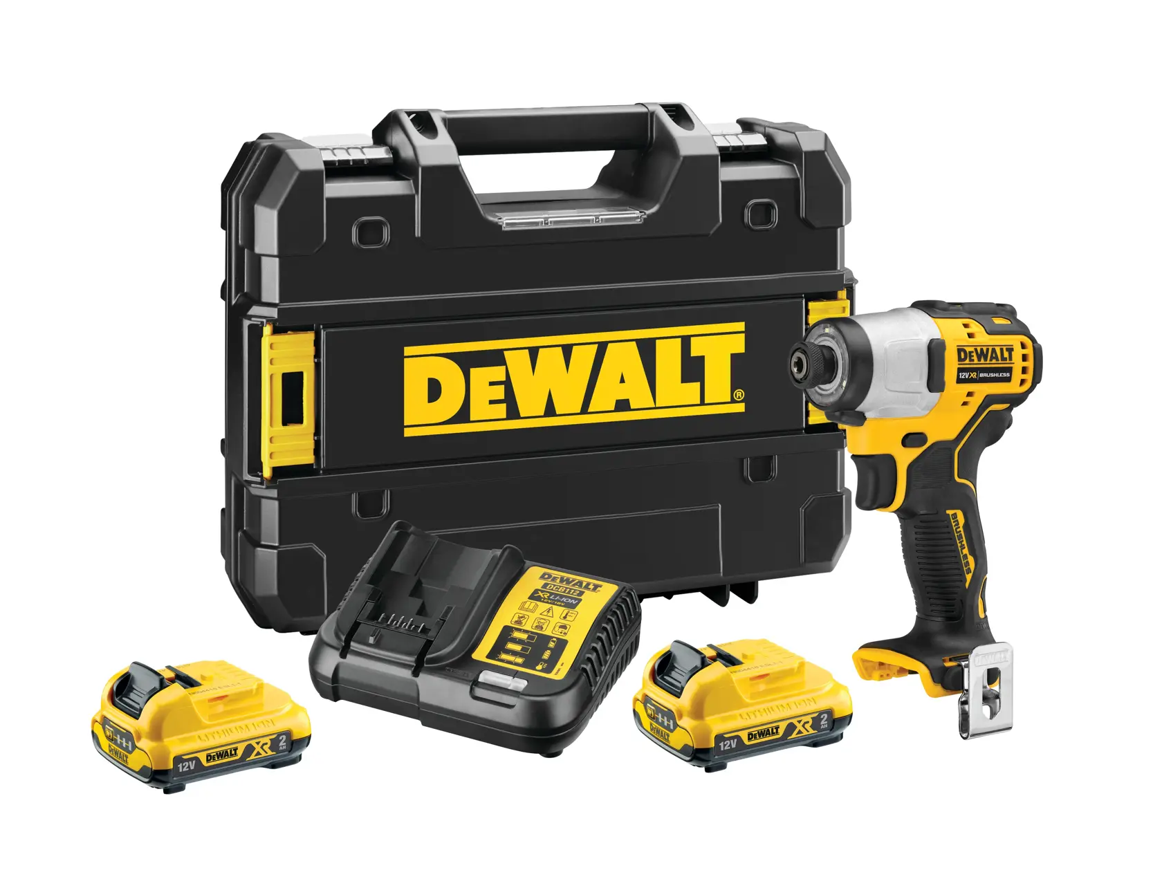 Ensemble DEWALT visseuse à percussion sans fil, batteries, chargeur et mallette.