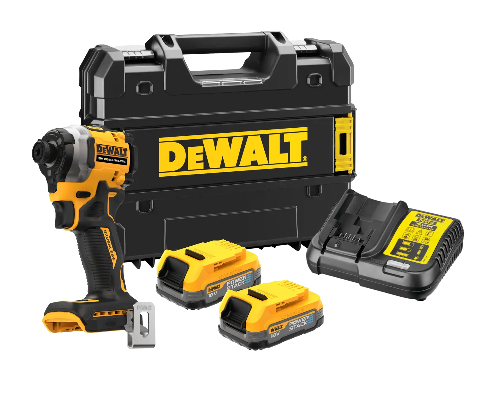 Kit DEWALT visseuse à percussion sans fil avec coffret, deux batteries et chargeur.