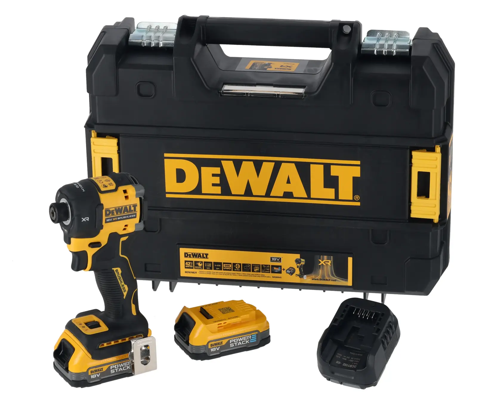 DEWALT Akku-Schlagschrauber-Set mit Koffer, zwei Akkus und Ladegerät auf weißem Hintergrund.