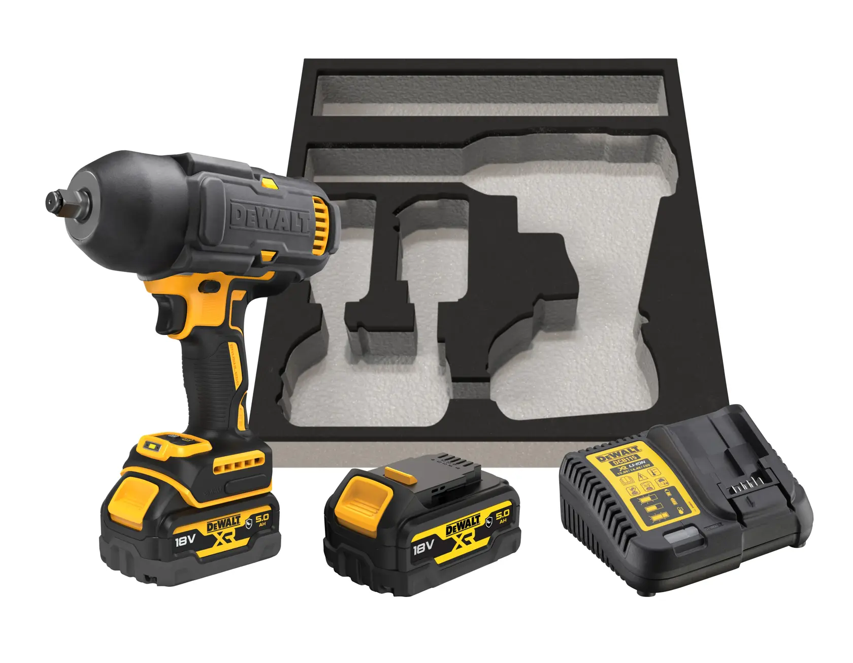 Kit de clé à chocs DEWALT avec deux batteries, chargeur et insert en mousse pour rangement organisé.