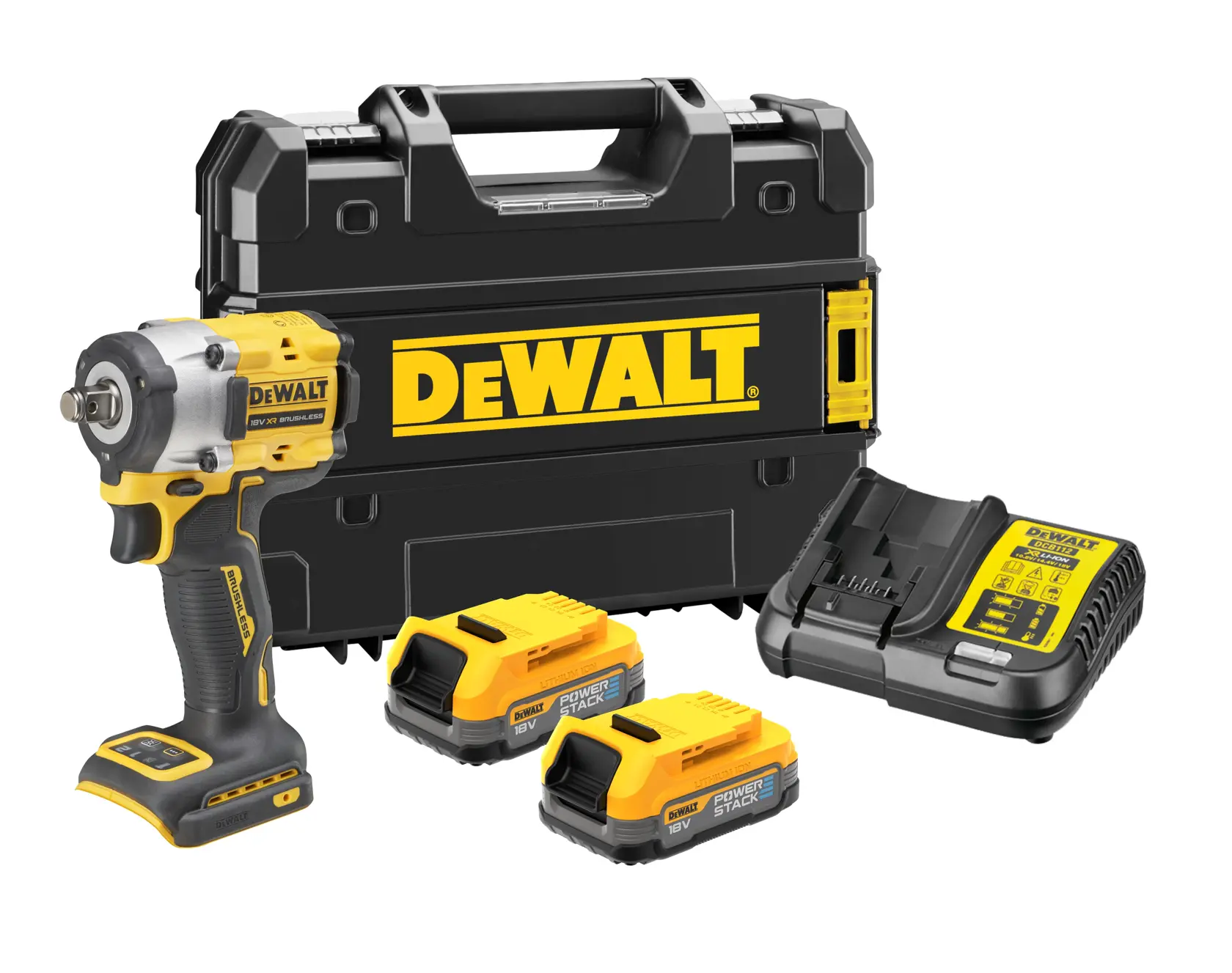 Ensemble de clé à chocs sans fil DEWALT comprenant une clé à chocs jaune et noire, deux batteries Powerstack 18V, un chargeur de batterie et une mallette de transport rigide avec logo DEWALT.