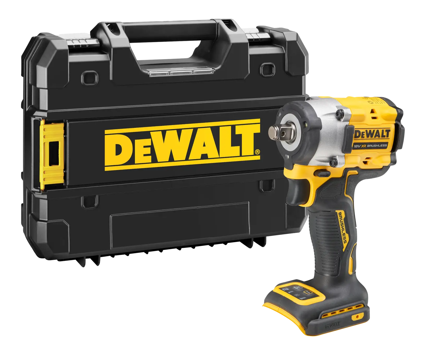 Une clé à chocs sans fil DEWALT avec une valise de transport noire et jaune présentée derrière. L'outil et la valise portent le logo DEWALT bien visible.