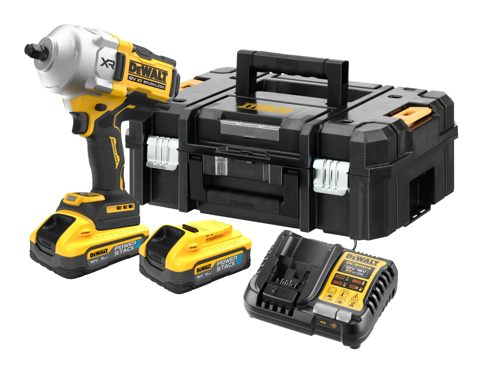 Kit clé à choc sans fil DEWALT avec batterie, chargeur et mallette noire sur fond blanc.
