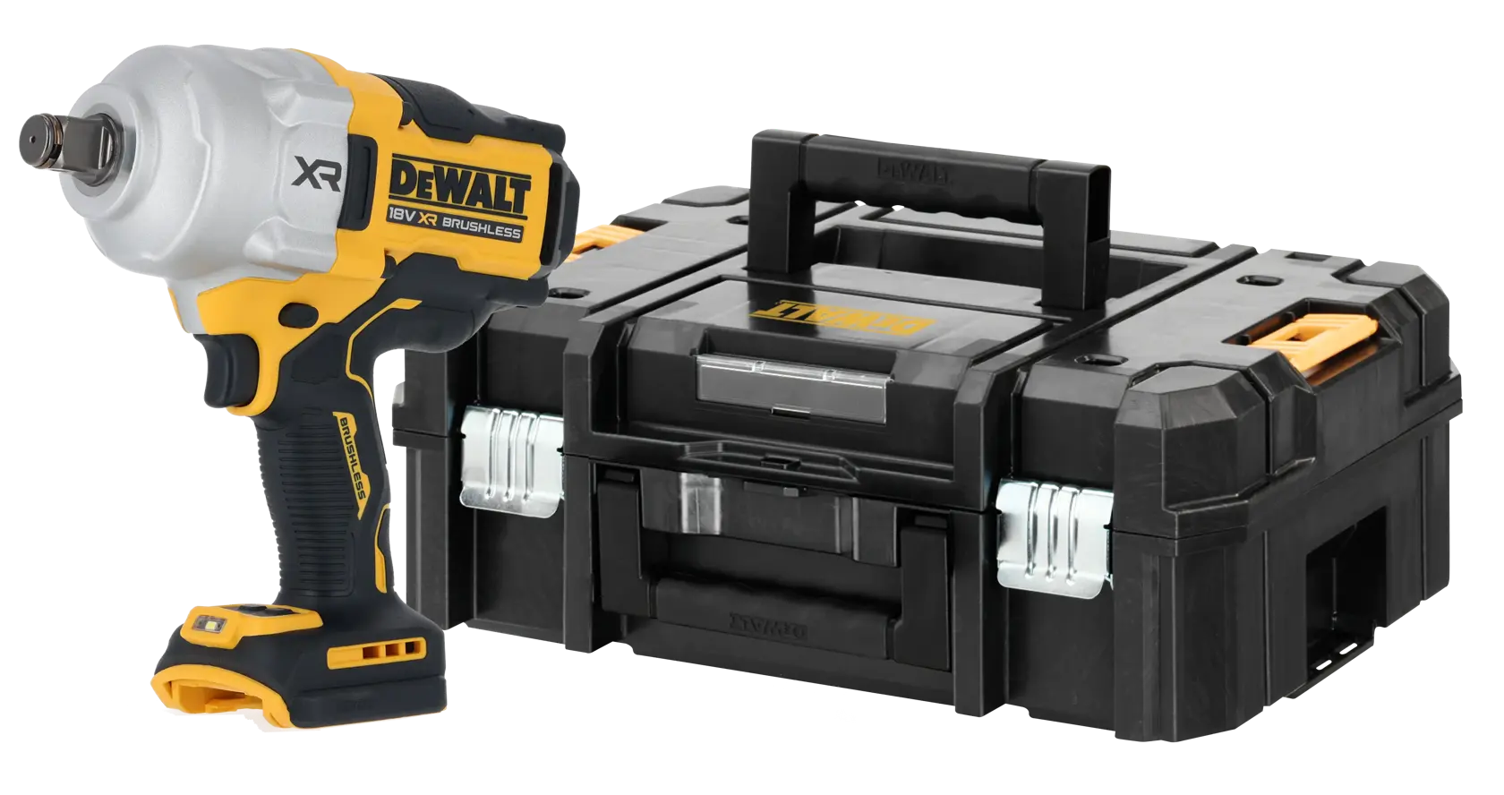 DEWALT Akku-Schlagschrauber und schwarzer Werkzeugkoffer mit gelben Akzenten.