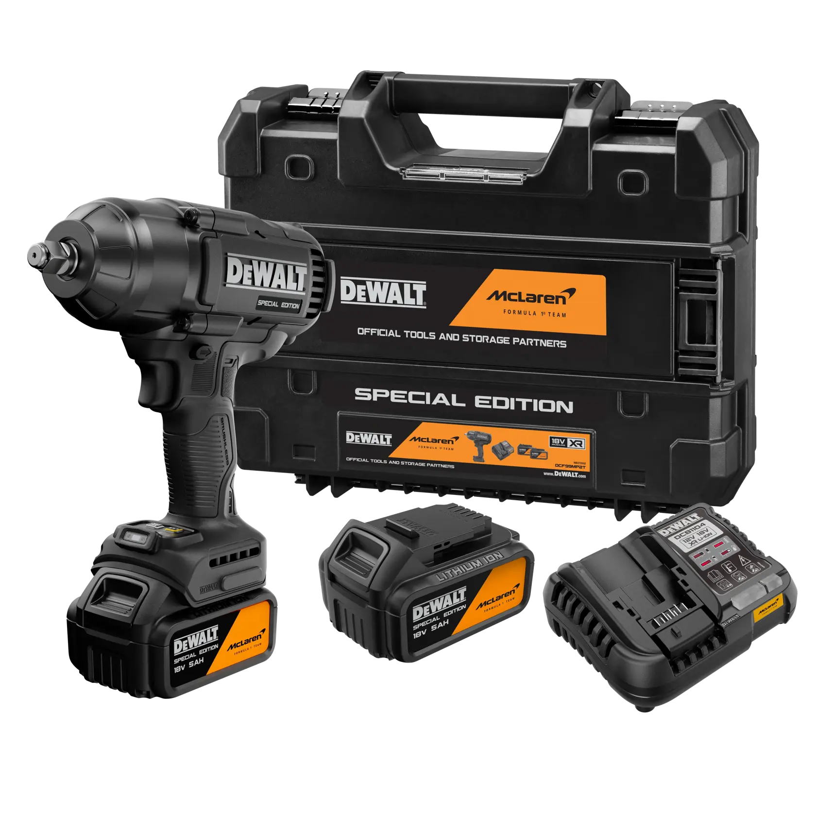 Kit fotografía DEWALT DCF99MP2T-QW, DCF99MP2T con herramientas, baterías, cargador y estuche Edición Especial McLaren.