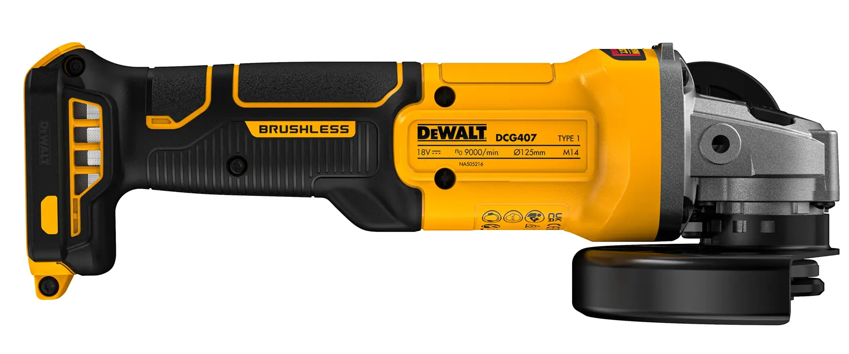 DEWALT Akku-Schleifer DCG407NT, DCG407N-XJ gelb-schwarz, Seitenansicht.