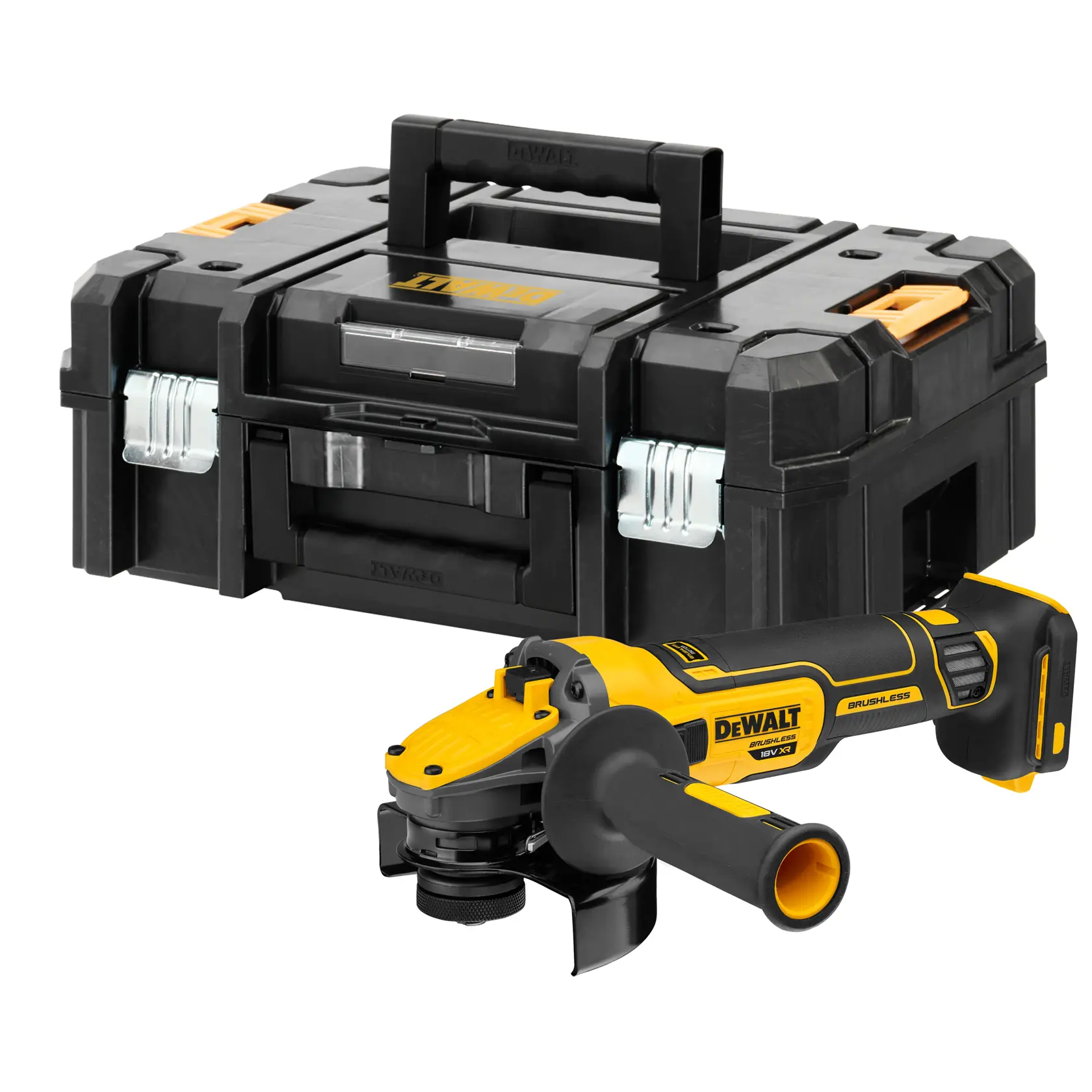 Une meuleuse angulaire sans fil DEWALT au design noir et jaune, présentée avec une mallette de transport noire solide assortie dotée de loquets en métal et d'une poignée.