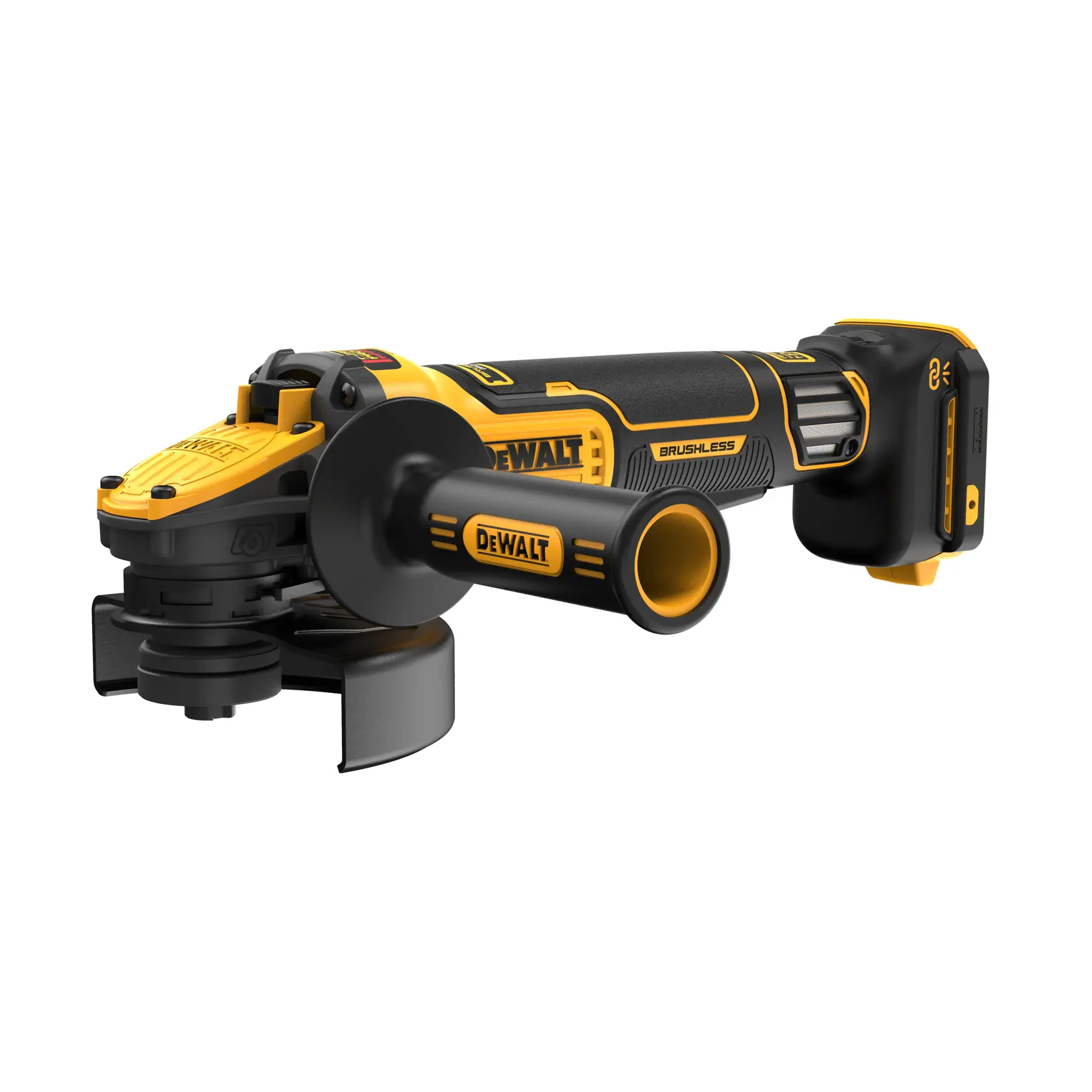 Meuleuse angulaire DEWALT sans fil, moteur brushless, design jaune et noir, poignée latérale, batterie.