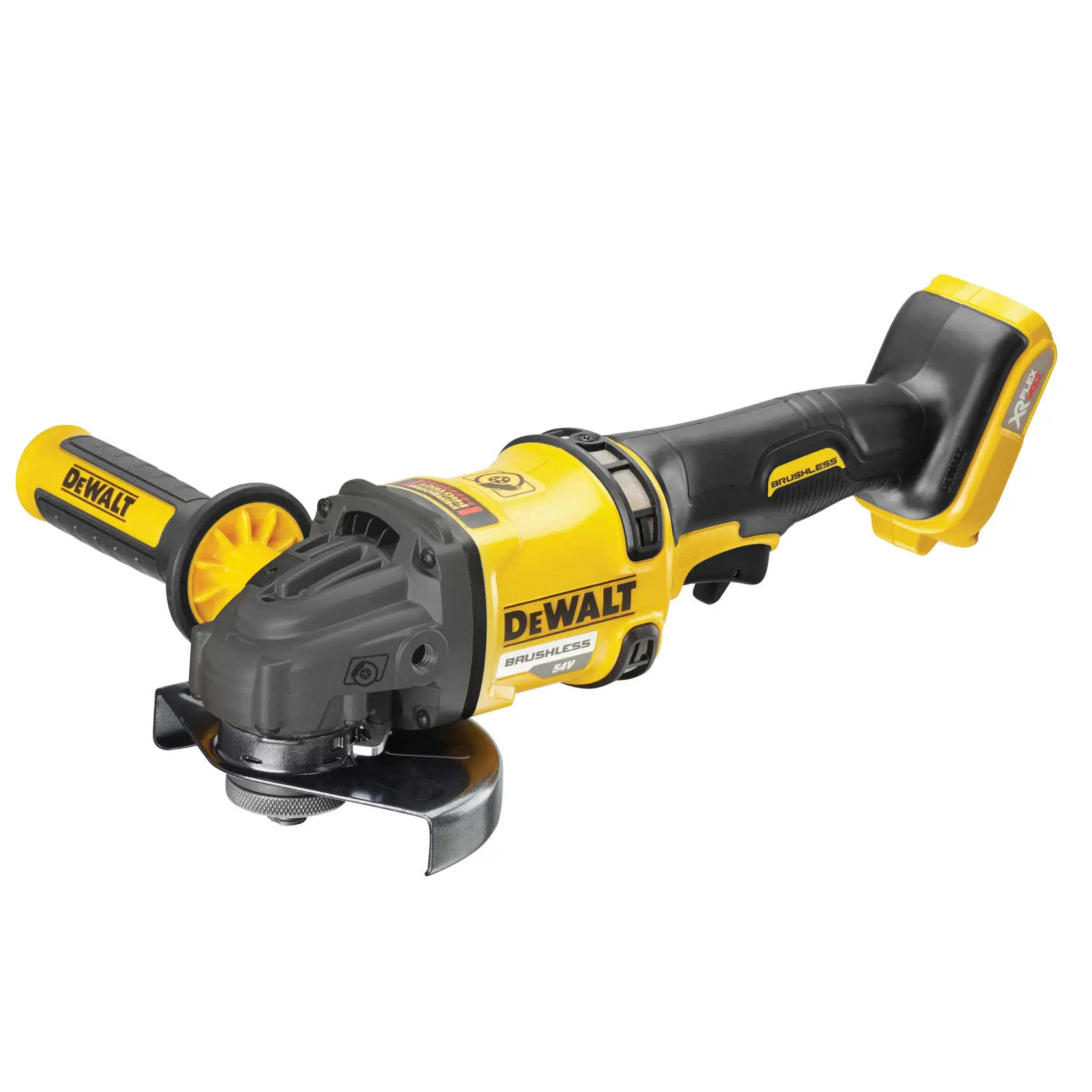 Meuleuse angulaire sans fil DEWALT jaune et noire avec moteur brushless et poignée latérale.