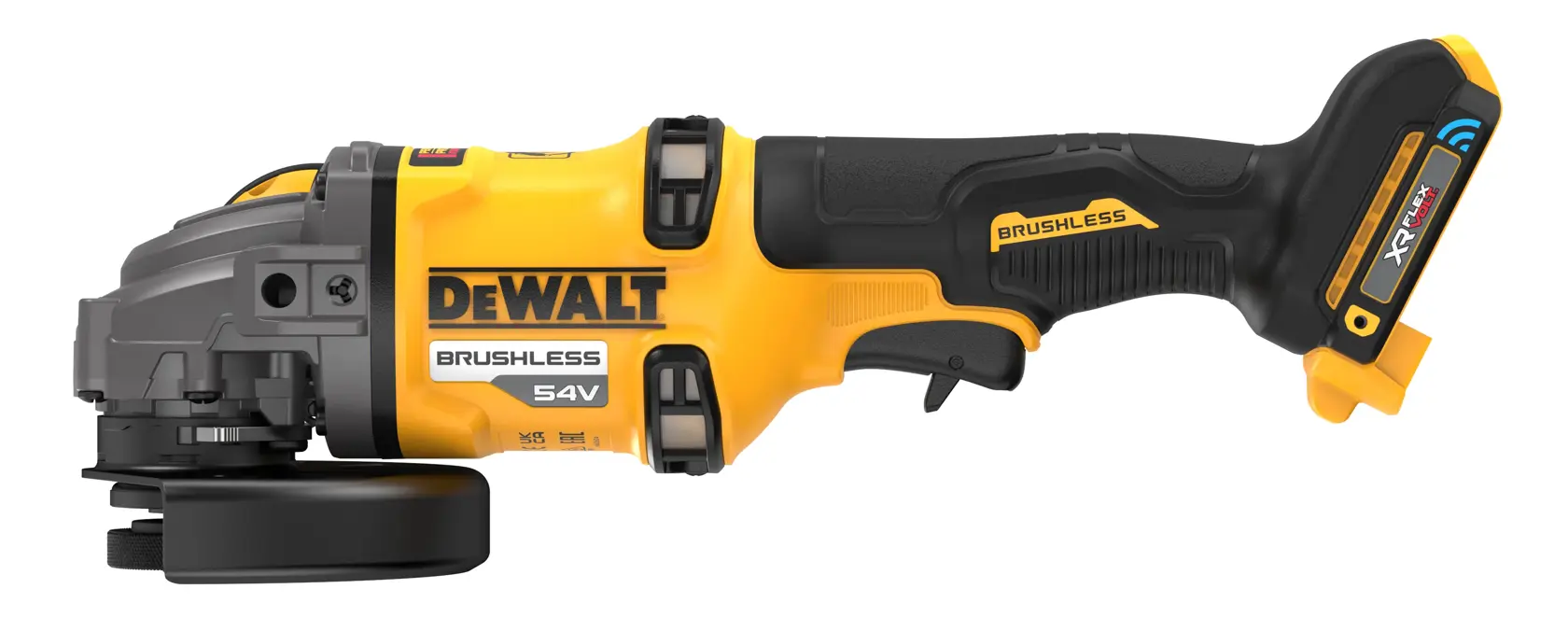 Meuleuse d’angle DEWALT 54V sans fil, design jaune et noir, profil latéral, batterie fixée.