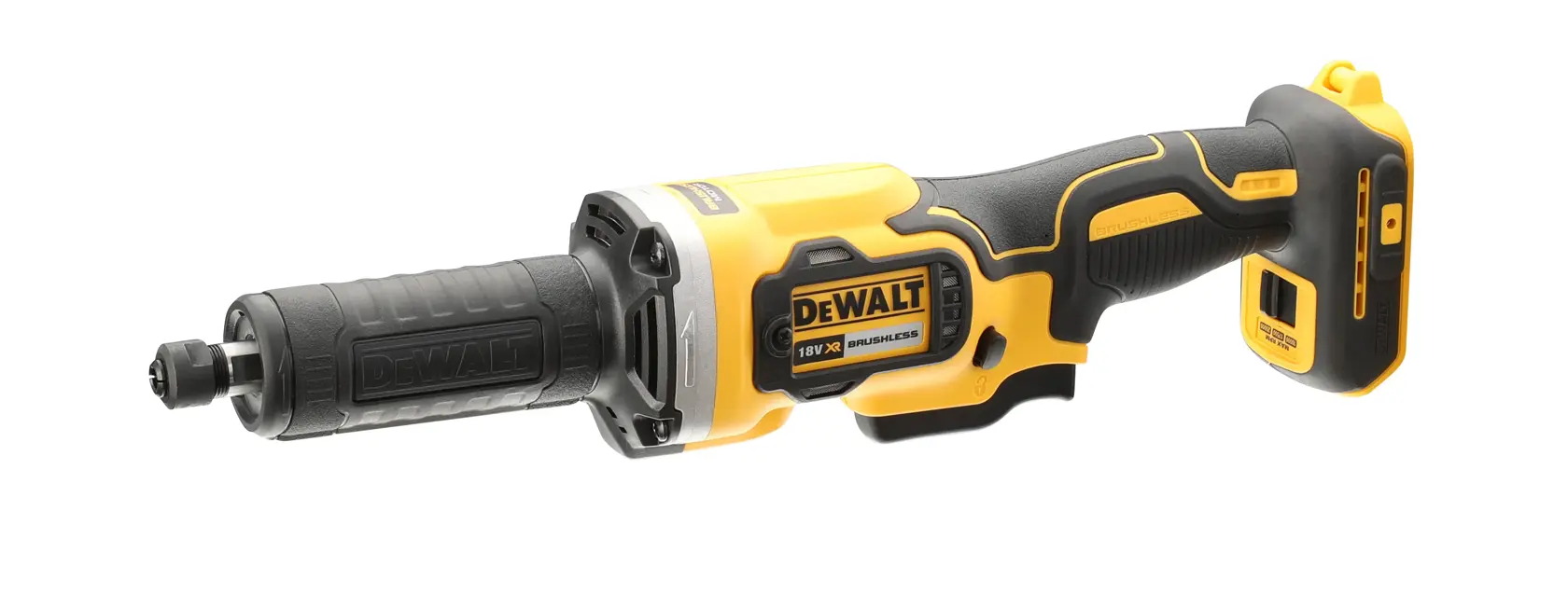 Une meuleuse droite sans fil DEWALT DCG426N jaune et noire, présentée sans batterie, avec une poignée ergonomique et un moteur sans balais.