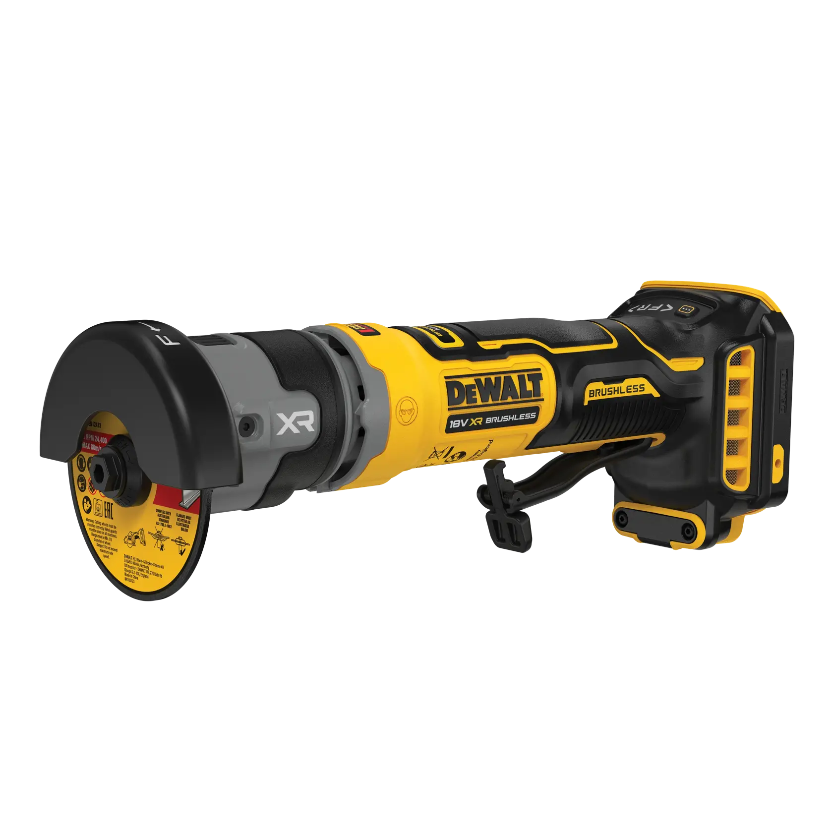 DEWALT Akku-Schleifer, DCG430N-XJ und DCG430N SKUs, gelb-schwarz, Fotografie-Kategorie.