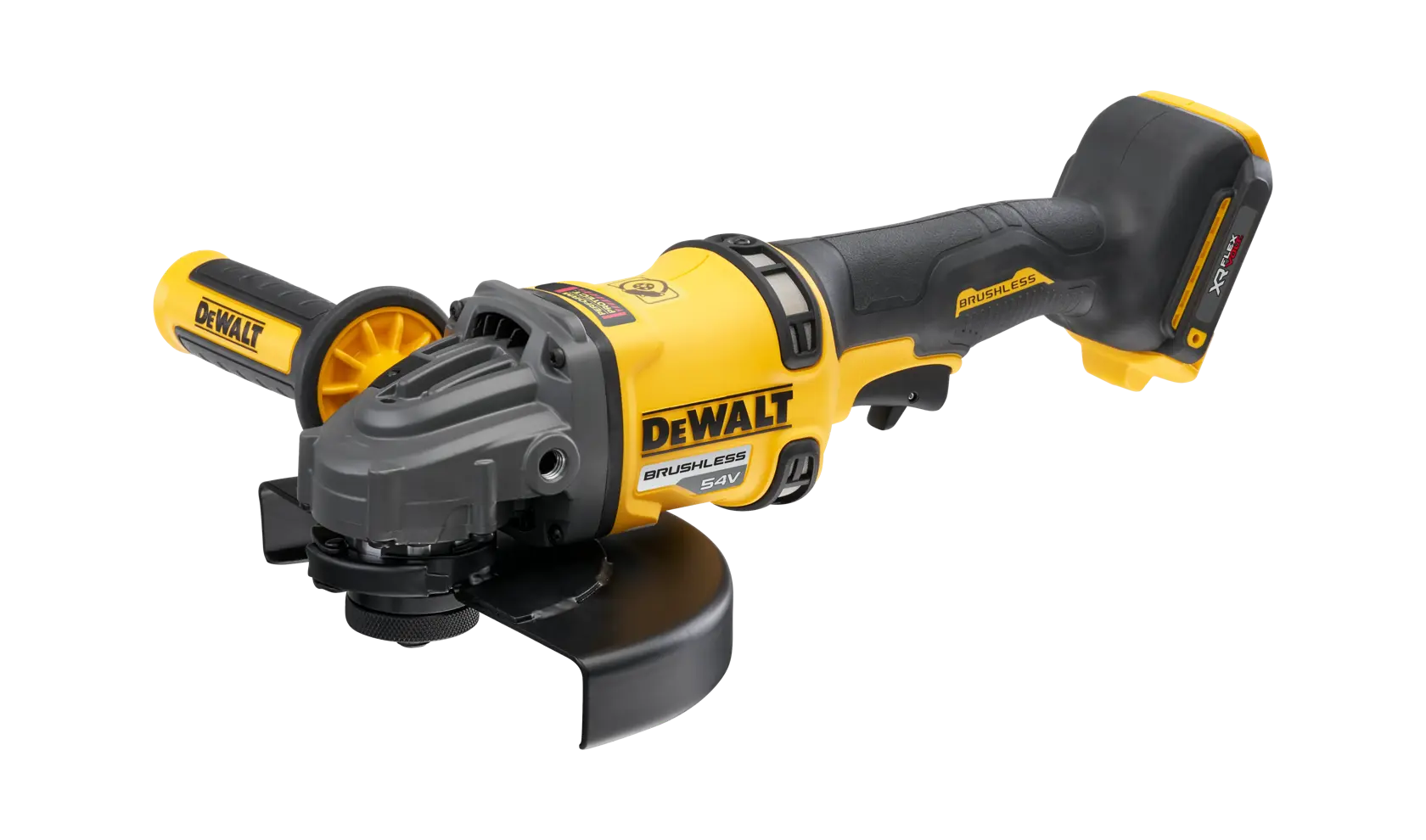 Meuleuse angulaire sans fil DEWALT, moteur brushless, design jaune/noir, poignée latérale, batterie 54V.