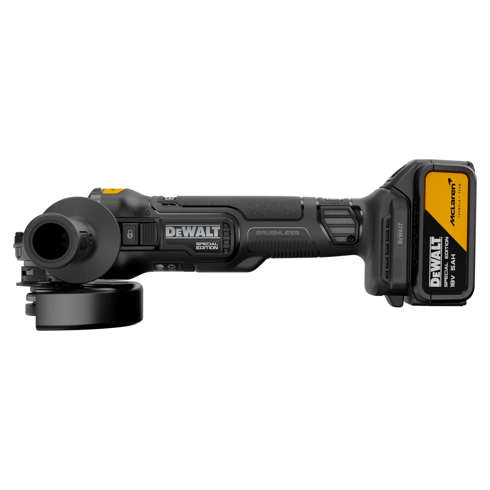 Herramienta DEWALT sin cable DCG45MP2T-QW, DCG45MP2T perfil lateral. Edición Especial visible.