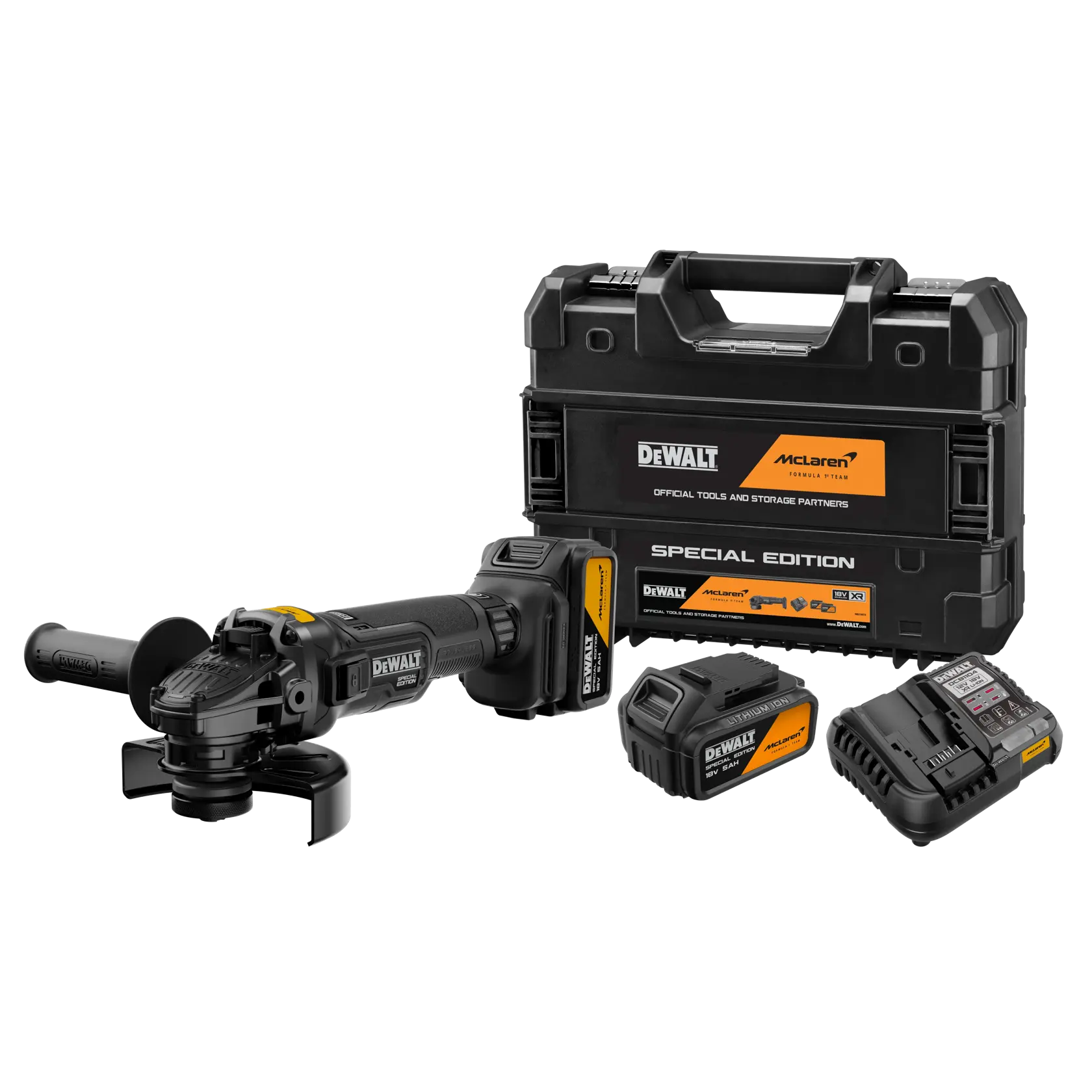 Kit DEWALT DCG45MP2T-QW, DCG45MP2T con amoladora, baterías, cargador y maletín de edición especial.