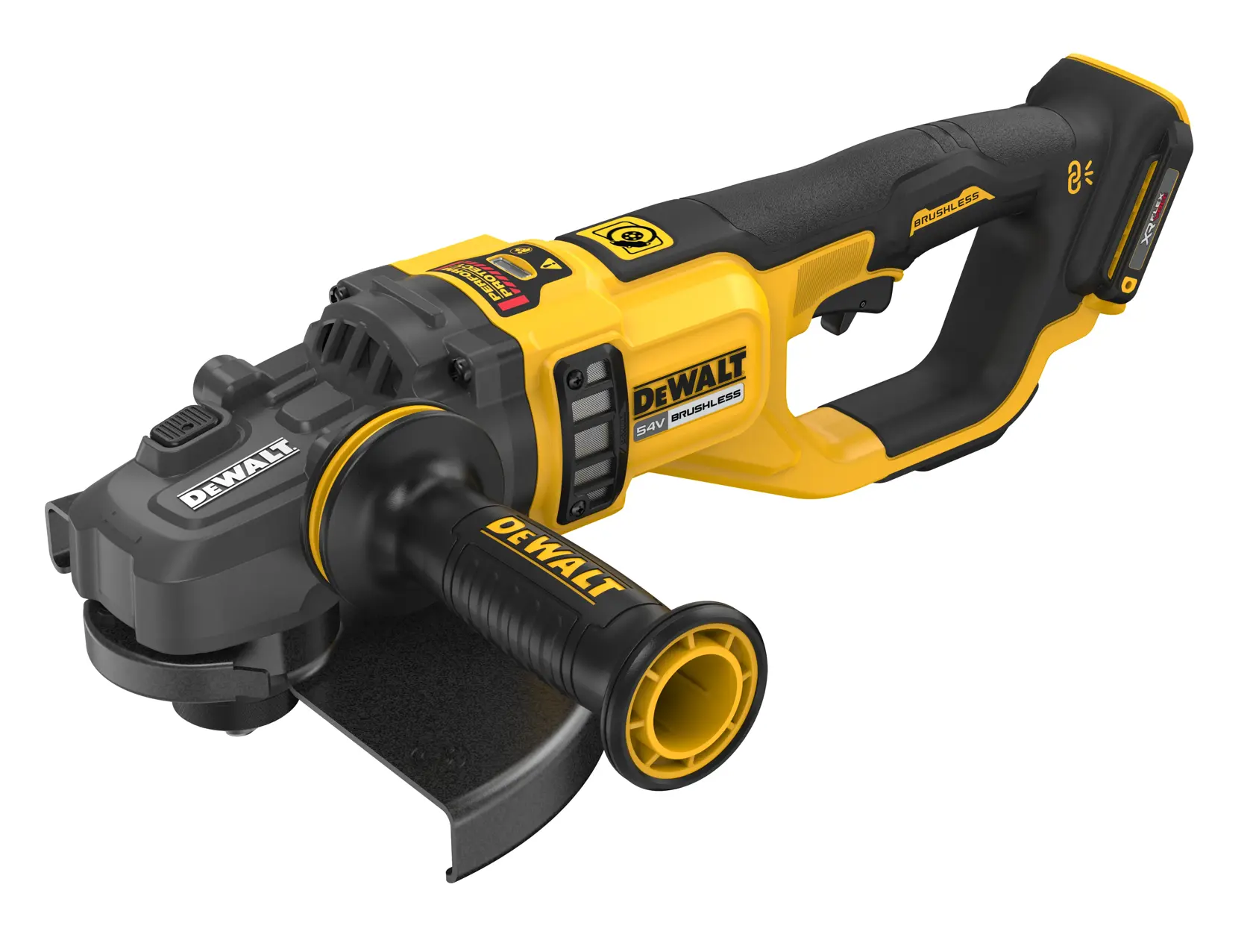 Meuleuse angulaire sans fil DEWALT 54V brushless avec poignée latérale, noir et jaune, sur fond blanc.