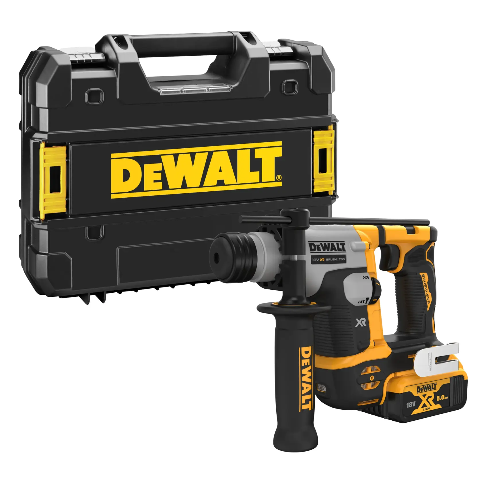 Un marteau perforateur sans fil DEWALT avec poignée ergonomique, présenté à côté de sa valise de transport noire et jaune avec le logo de la marque.