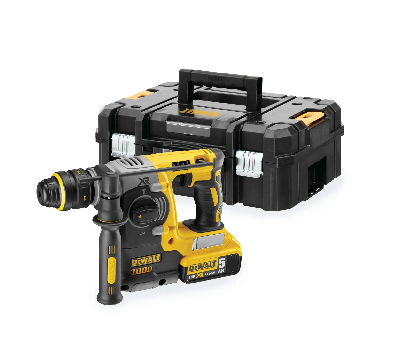 DEWALT Akku-Bohrhammer mit Batterie und Transportkoffer auf weißem Hintergrund.