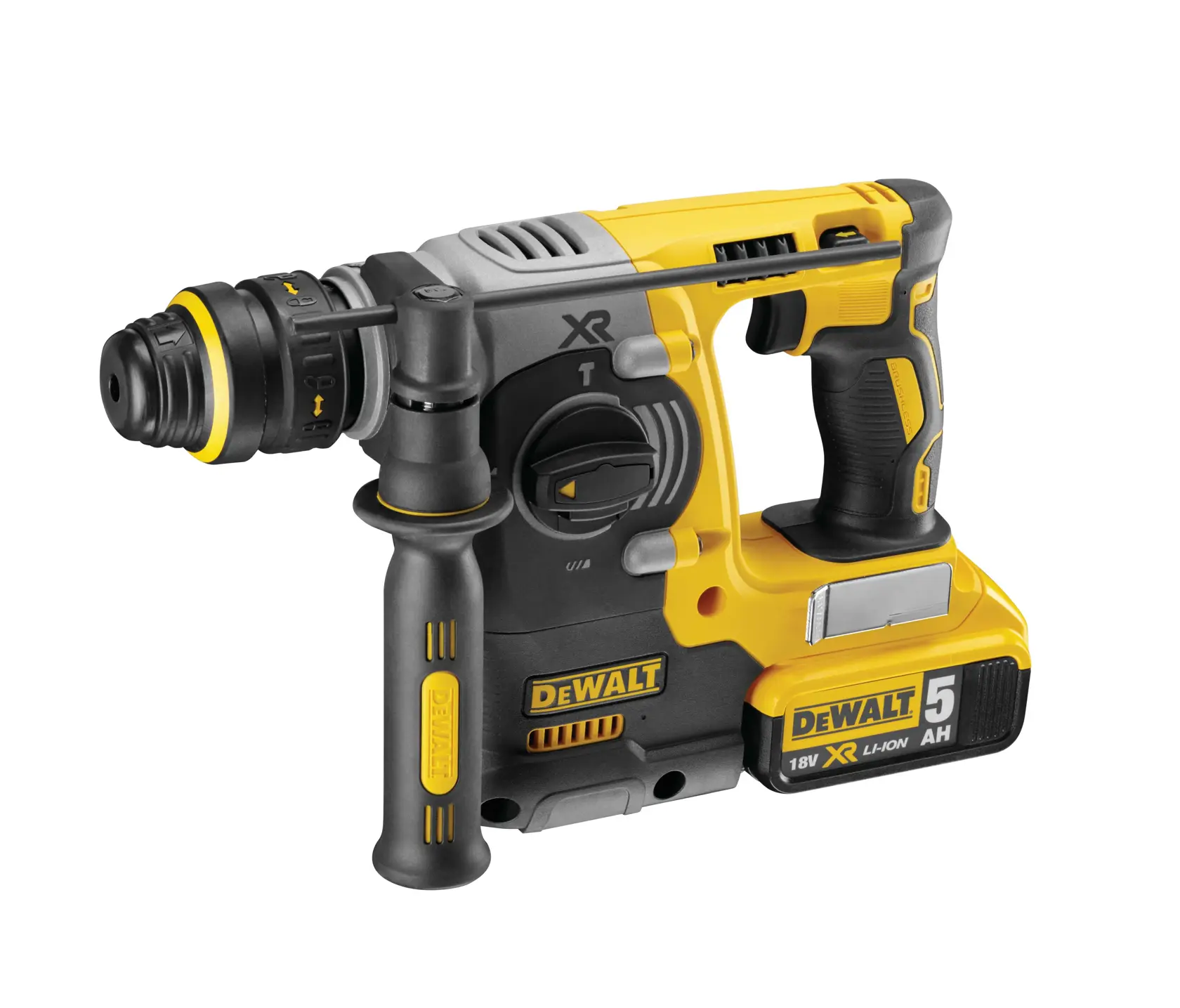DEWALT Akku-Bohrhammer mit Seitengriff und 18V XR Li-Ion Akku auf weißem Hintergrund dargestellt.