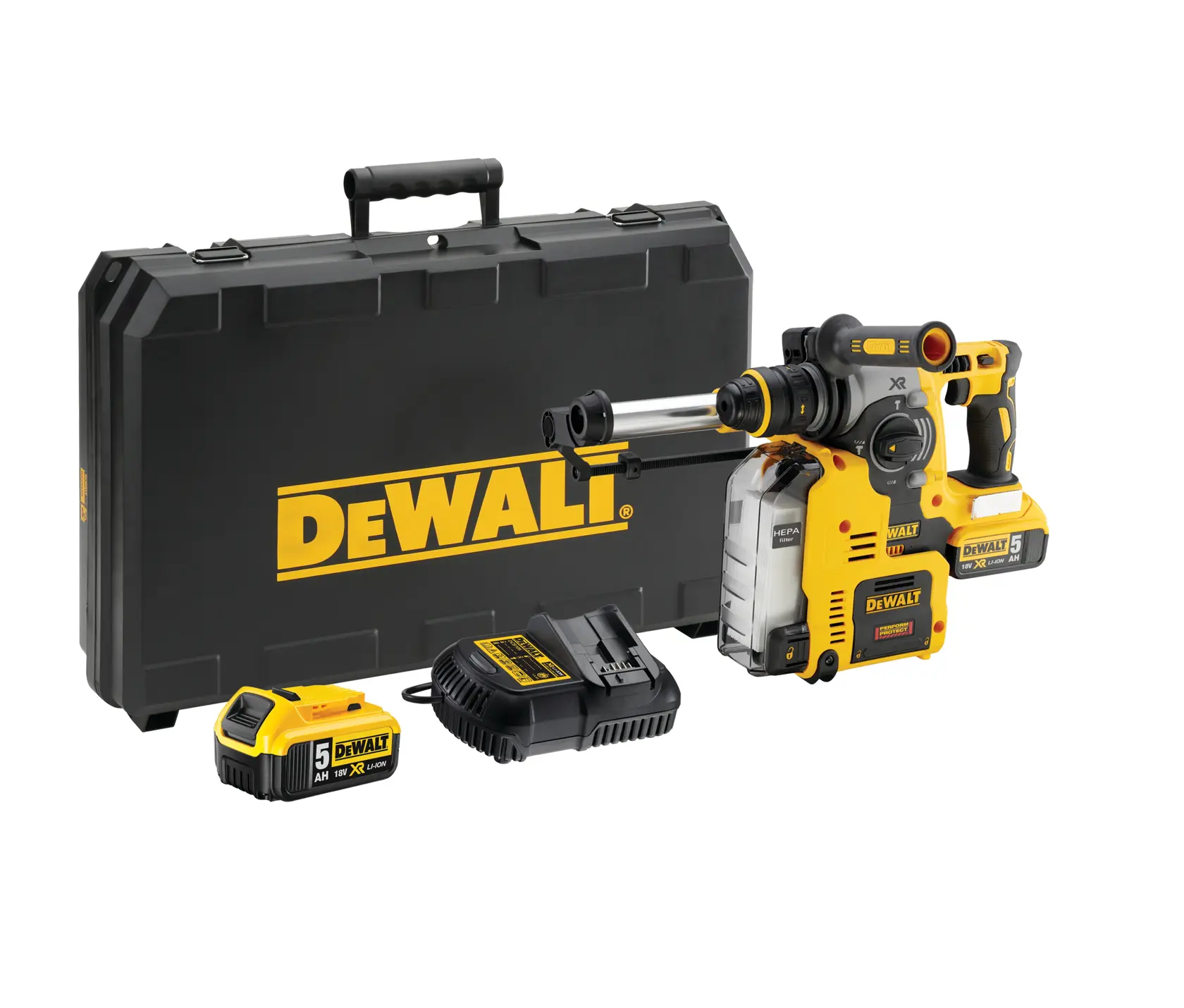 DEWALT Akku-Bohrhammer-Set mit Batterie, Ladegerät und Koffer abgebildet.