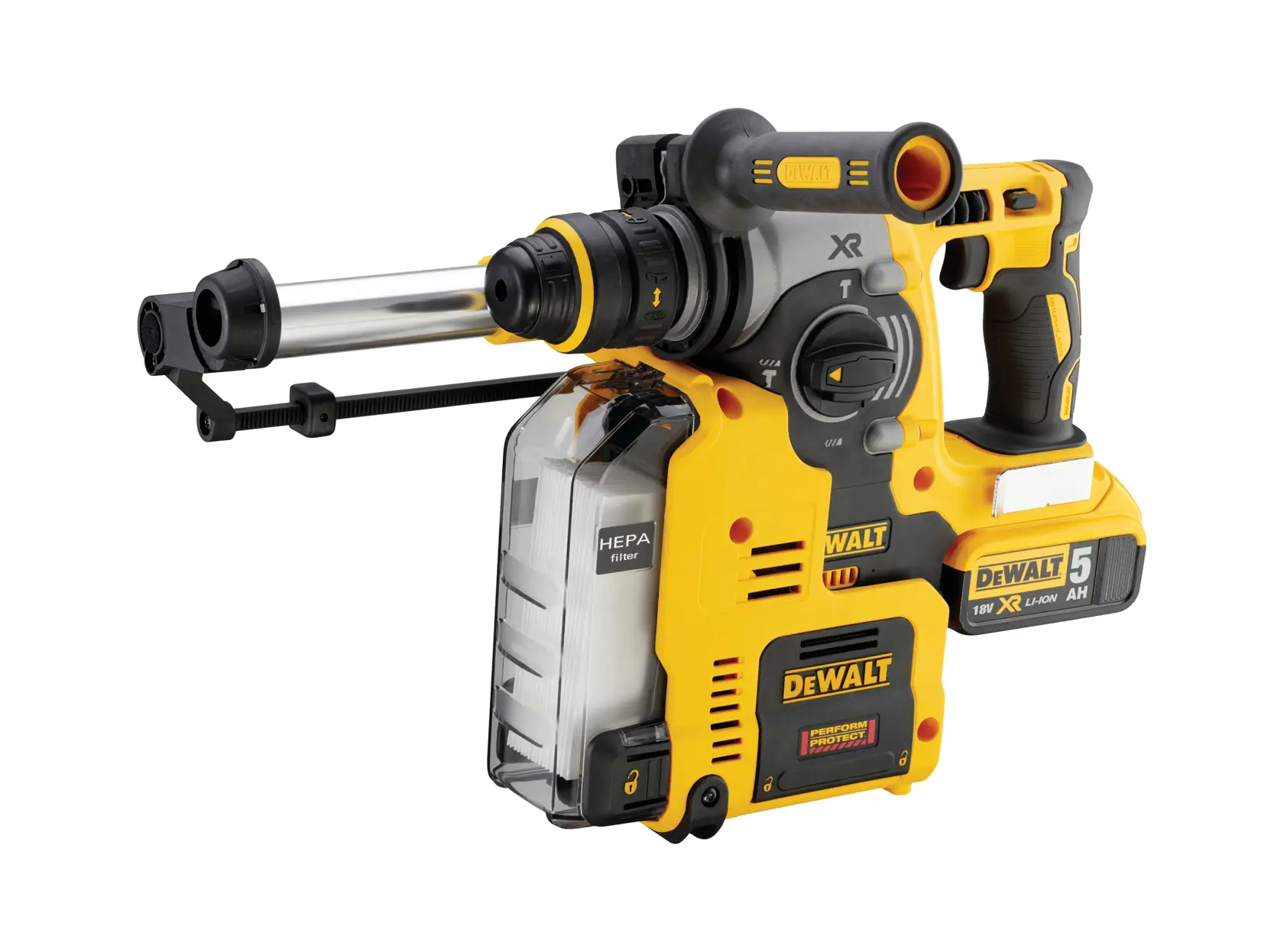 DEWALT Akku-Bohrhammer mit HEPA-Filter, 18V XR Li-Ion, Seitengriff und Akku, gelb-schwarz.