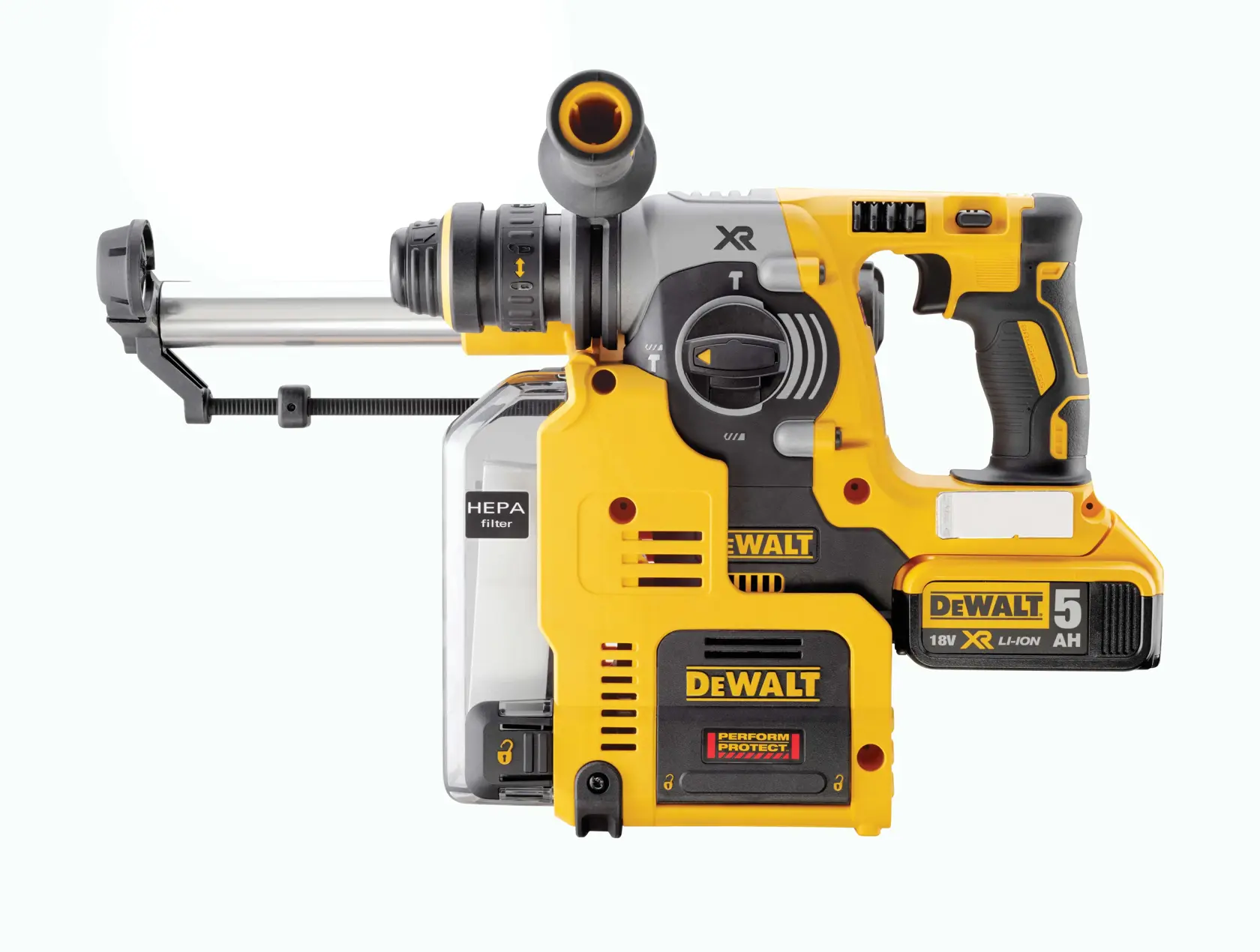 DEWALT DCH275P2 Akku-Hammerbohrmaschine mit HEPA-Filter, gelb-schwarz, 18V XR Li-Ion Akku, Seitenhandgriff.