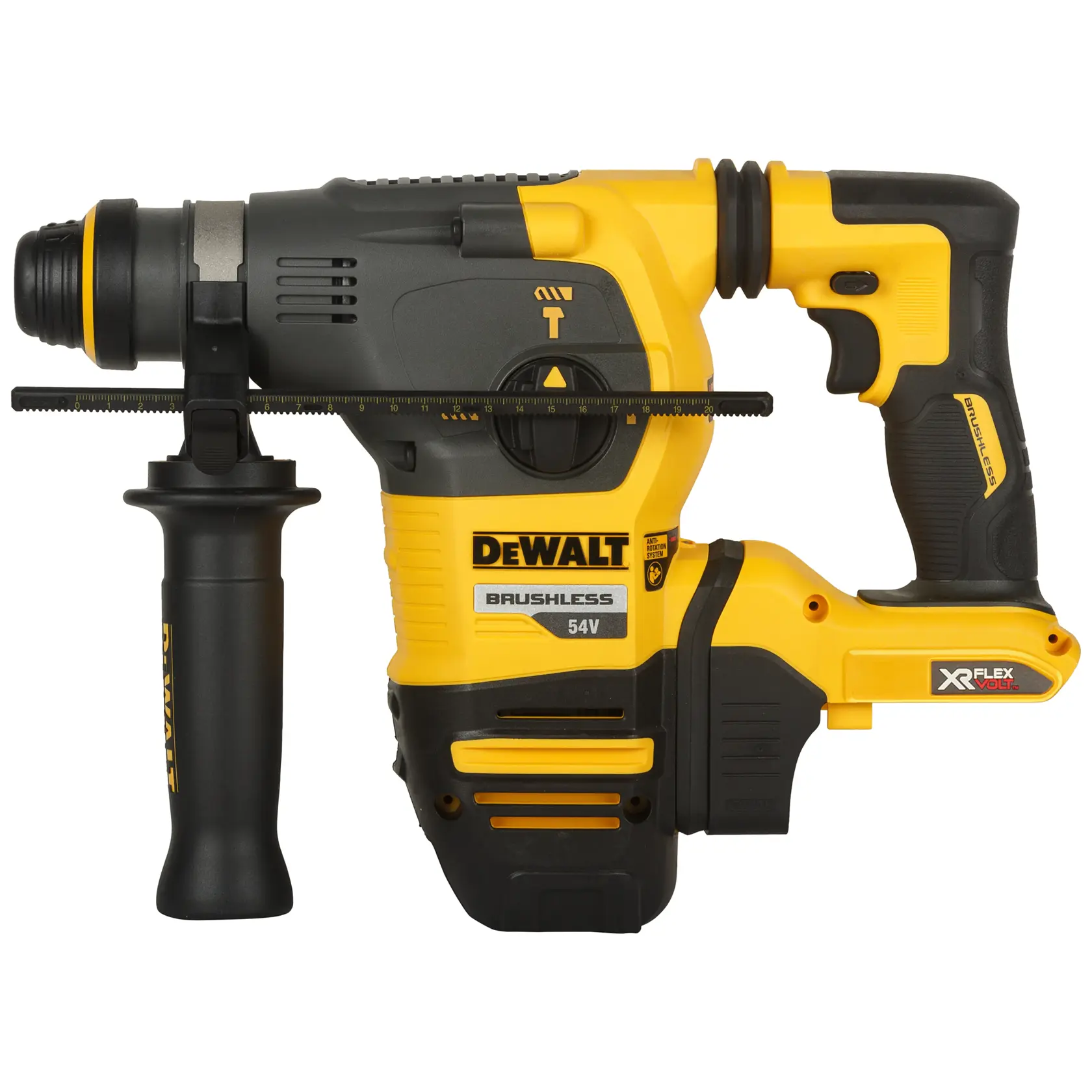DEWALT DCH333NT 54V perceuse à percussion sans fil jaune et noire, poignée latérale et logo XR FLEXVOLT.