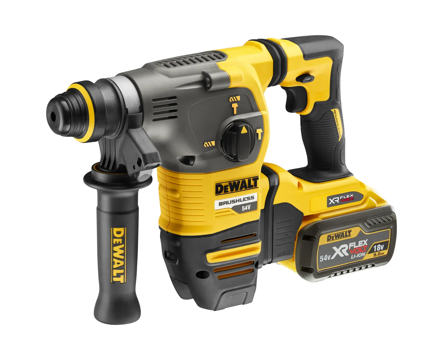 Perforateur sans fil DEWALT avec poignée latérale et batterie XR FLEXVOLT 54V, design jaune et noir.