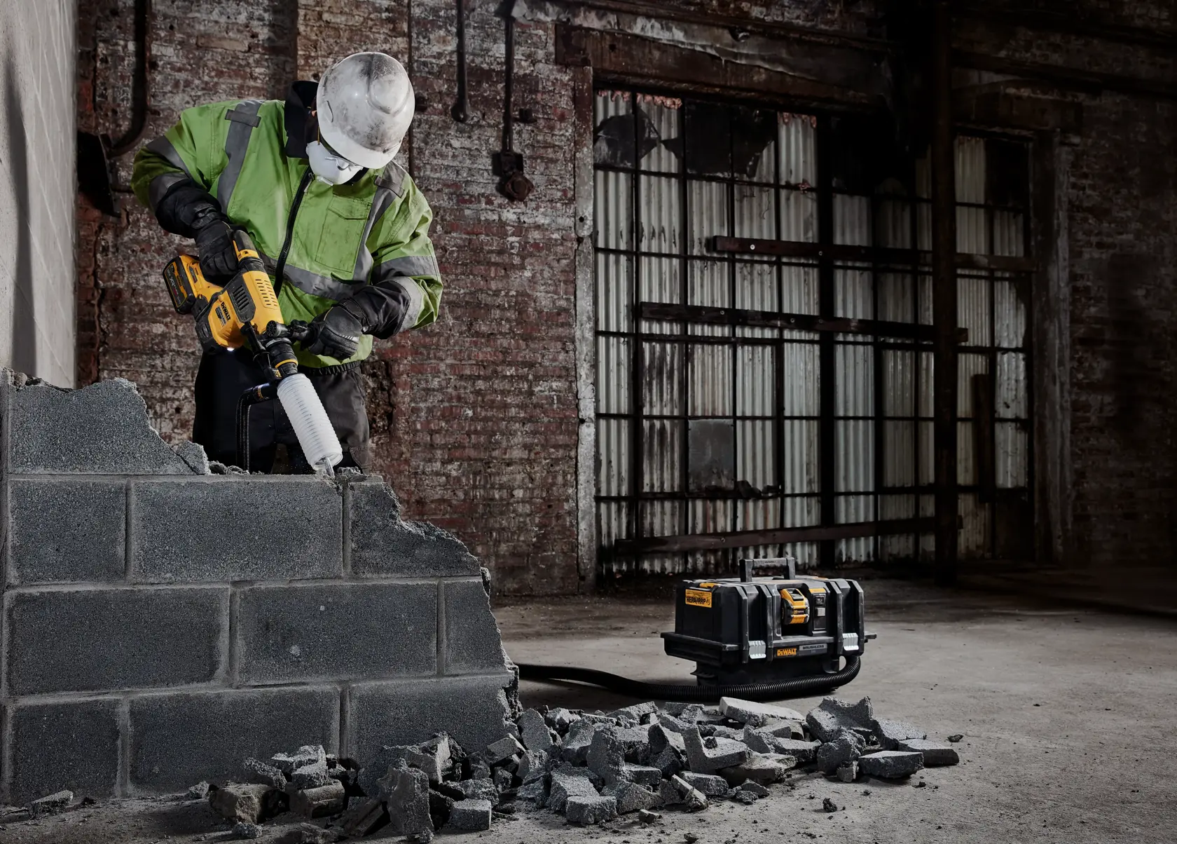 Trabajador usa DEWALT DCH416NT para romper bloques de cemento. Escombros y maleta visibles.