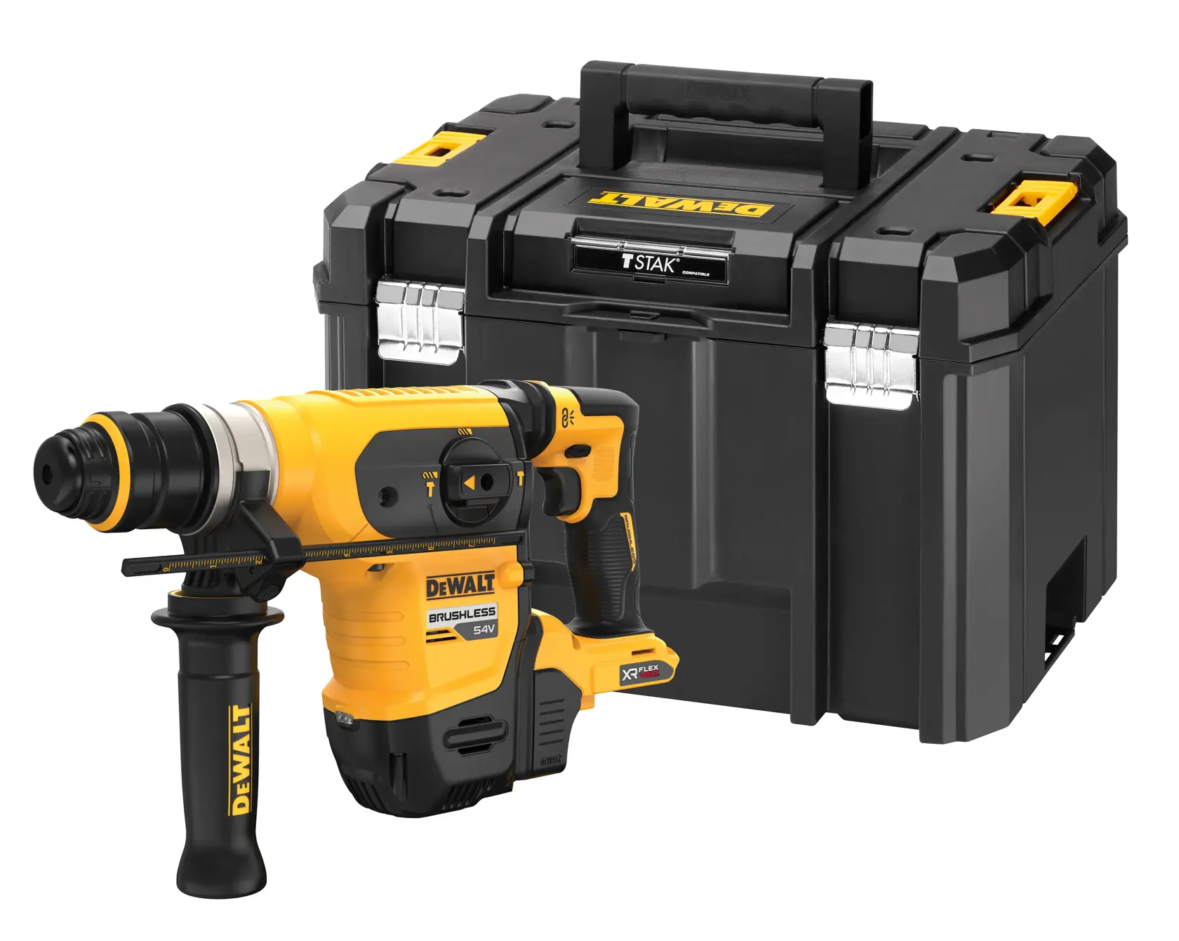 Taladro rotativo DEWALT y caja de almacenamiento negra sobre fondo blanco.