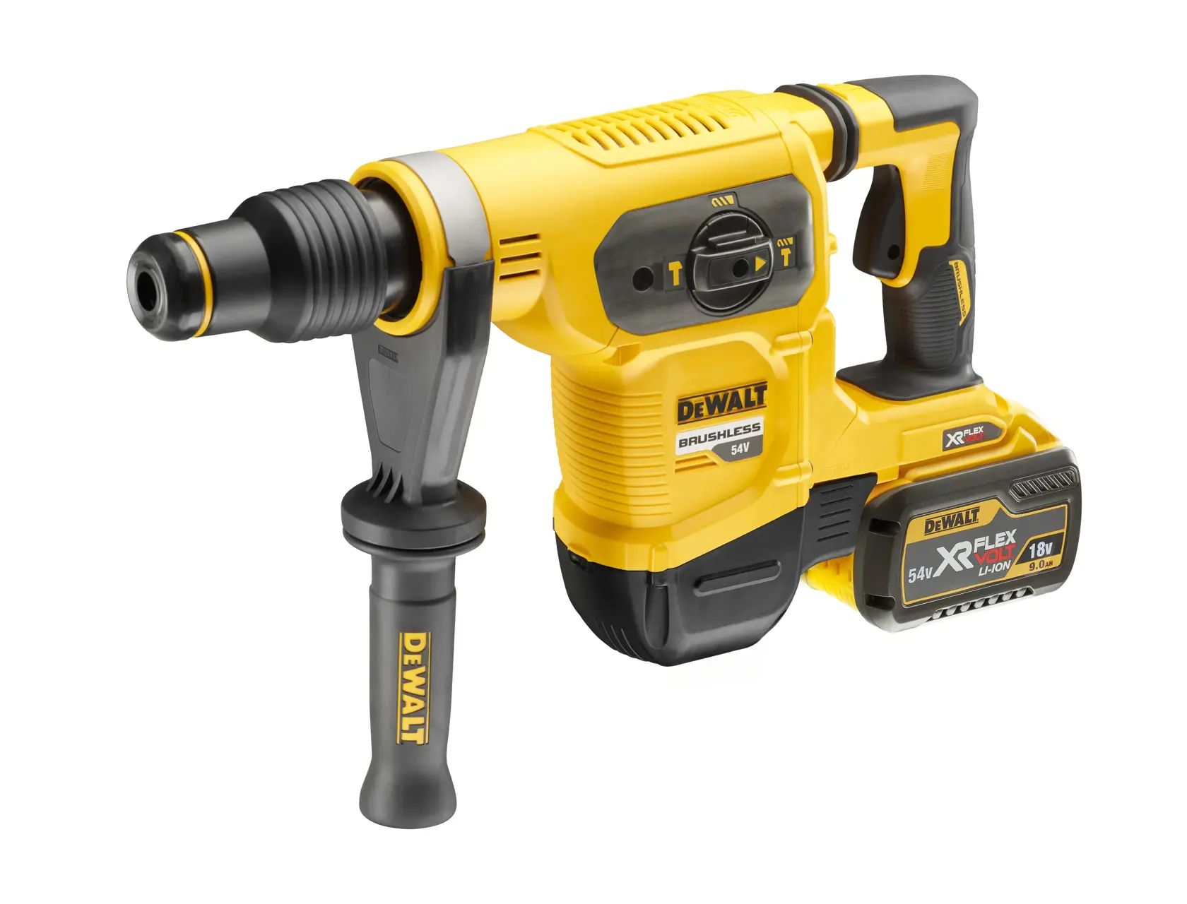 Perforateur sans fil DEWALT DCH481N avec poignée latérale, jaune et noir, batterie 54V.
