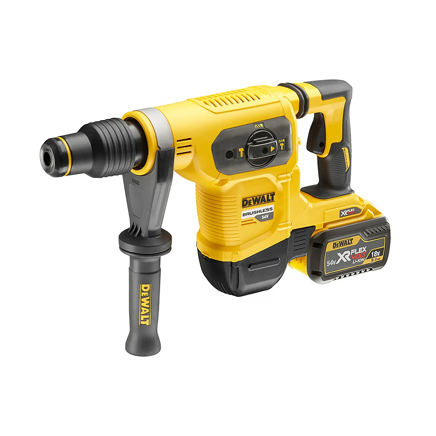 Perforateur rotatif DEWALT jaune sans fil avec poignée latérale et batterie XR Flexvolt, modèle DCH481X2.