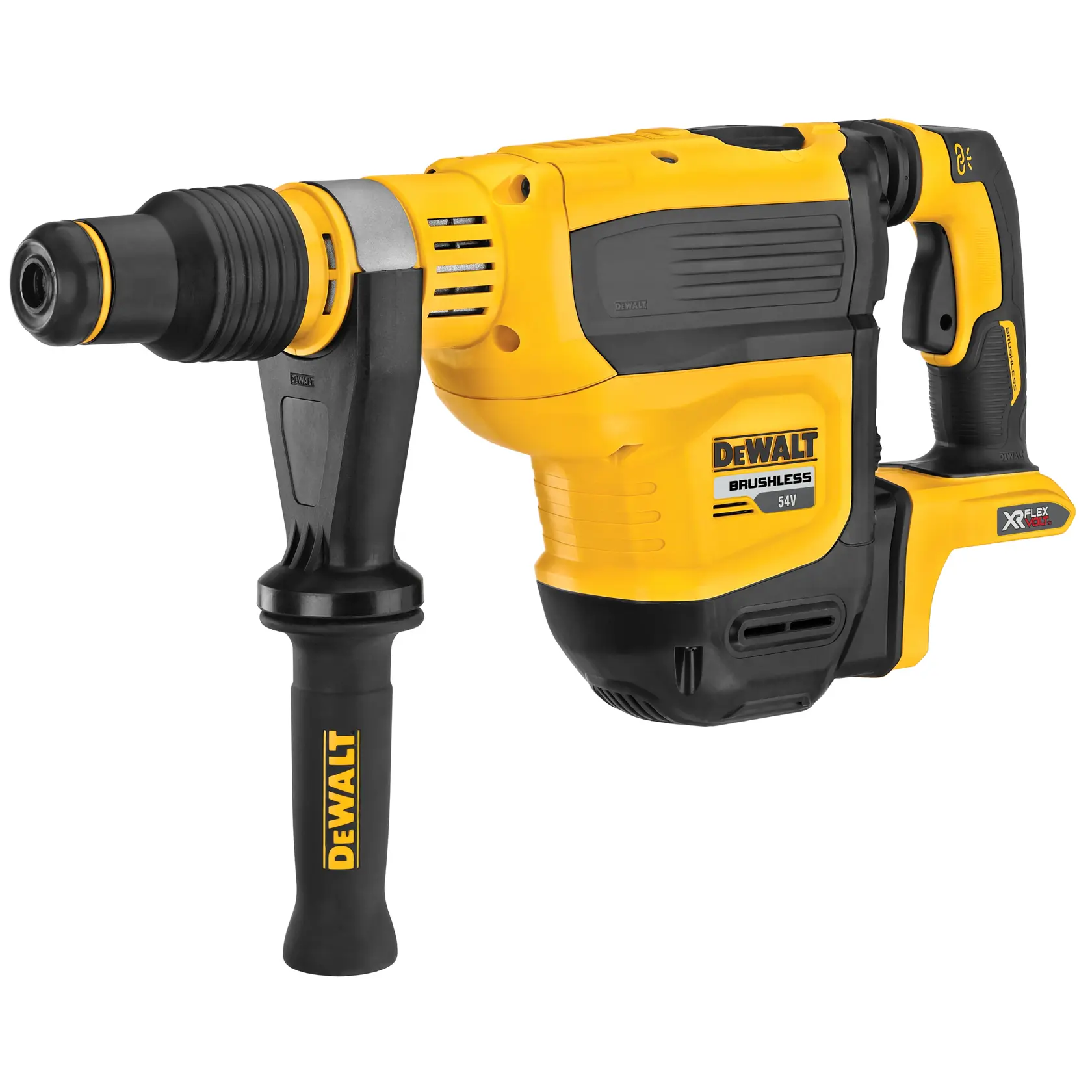 Perforateur rotatif DEWALT DCH614N brushless 54V avec poignée latérale, couleur jaune et noire.
