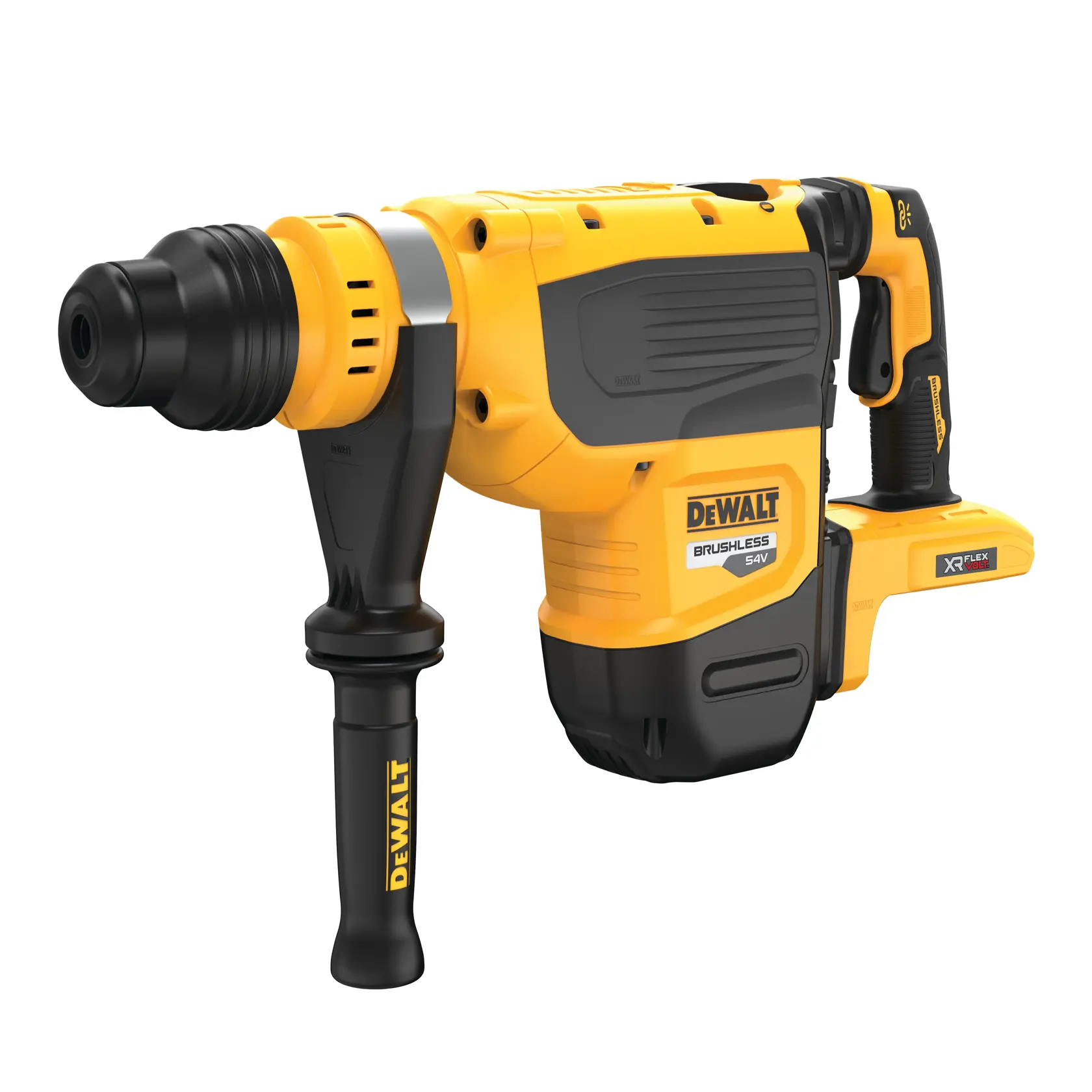 Un marteau perforateur sans fil DEWALT, modèle DCH735N, avec un design jaune et noir, une poignée latérale et un moteur sans balais de 54V.
