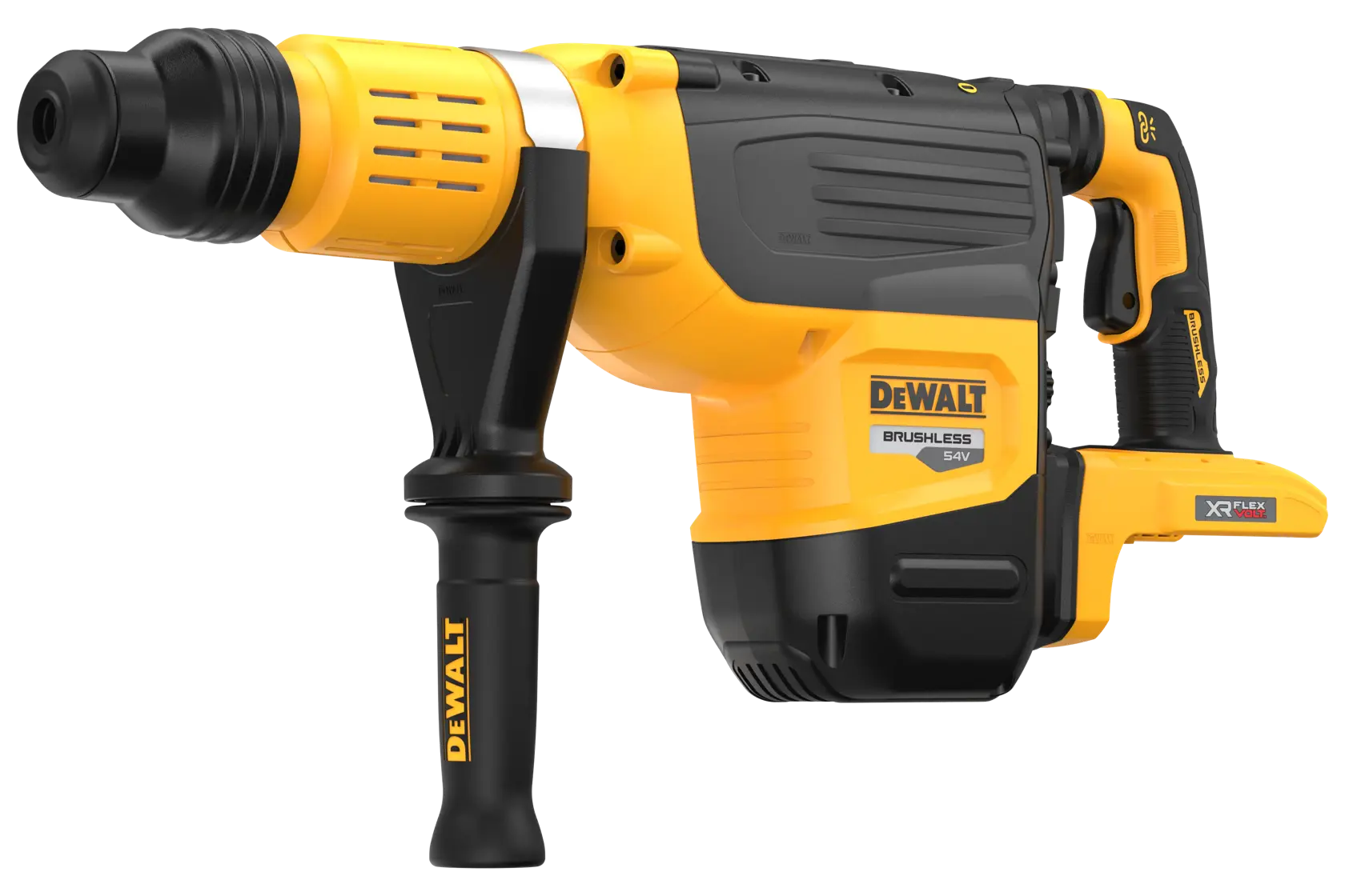 Perforateur sans fil DEWALT DCH775N jaune et noir avec poignée, vue latérale.