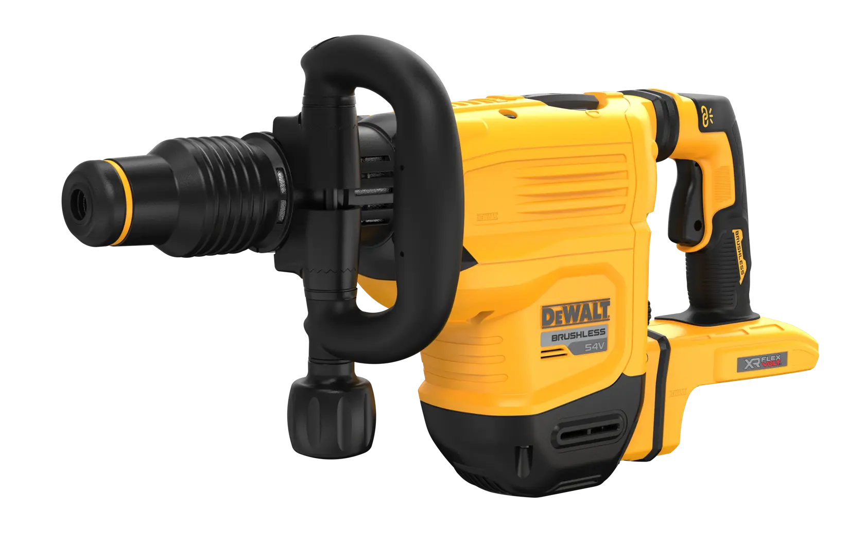 Marteau démolisseur sans fil DEWALT jaune et noir avec poignée latérale visible.