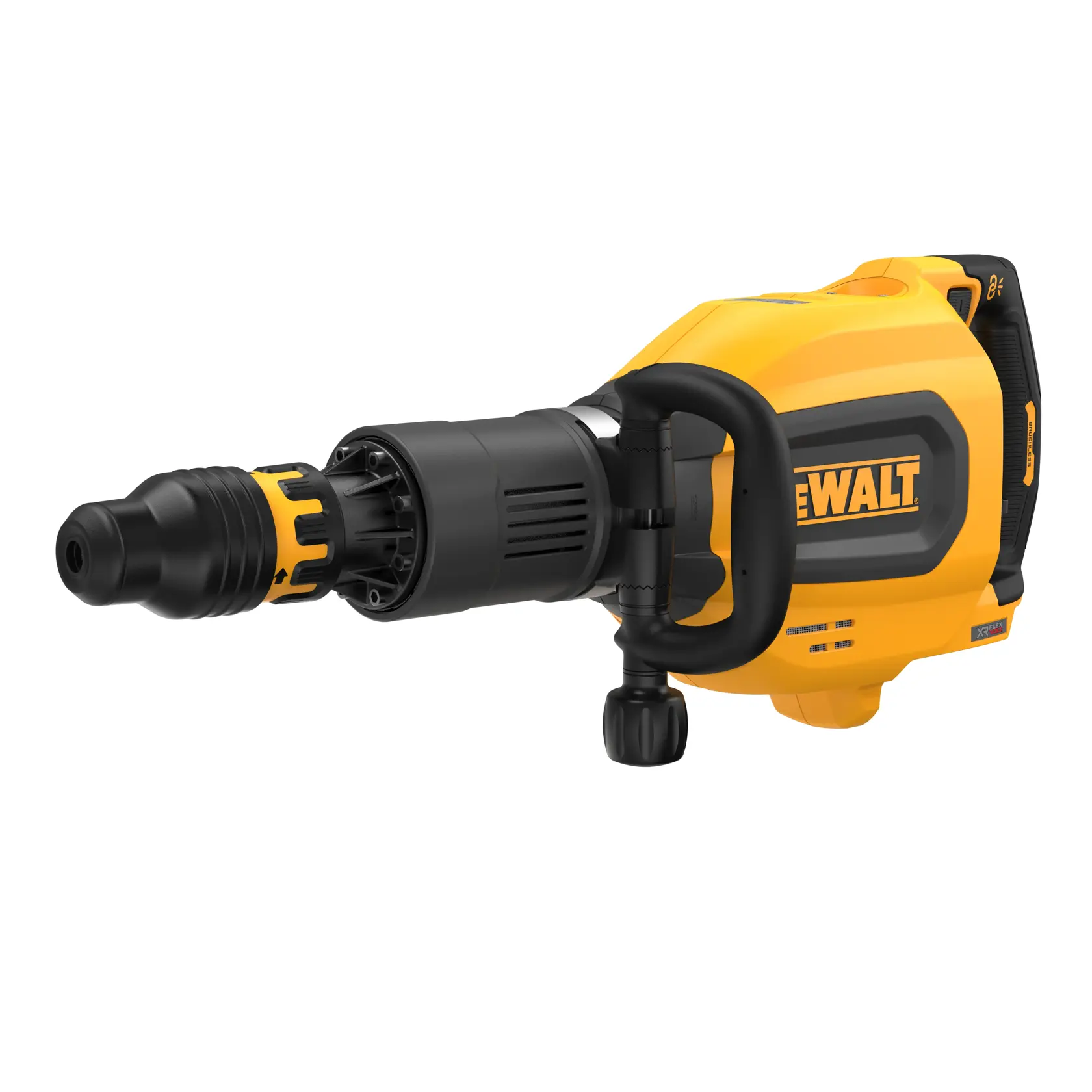 Marteau rotatif sans fil DEWALT, jaune et noir, vu de côté avec poignée et embout visible.