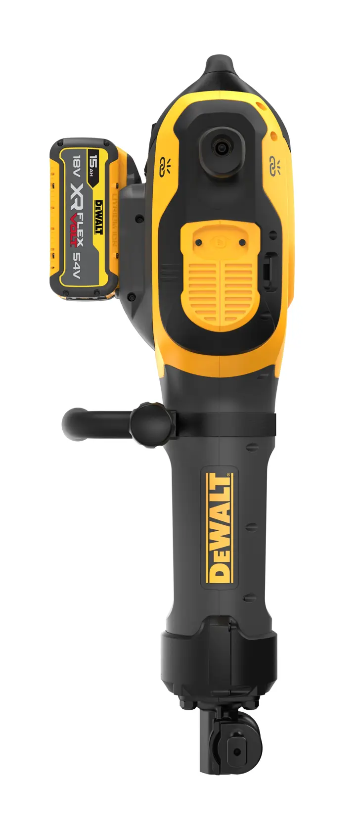 Ein Bauarbeiter in Sicherheitsausrüstung bedient einen elektrischen DEWALT-Abbruchhammer, um Beton auf einer Baustelle zu zerkleinern. Das Werkzeug ist an ein Absaugsystem angeschlossen und im Hintergrund befindet sich Bauequipment.