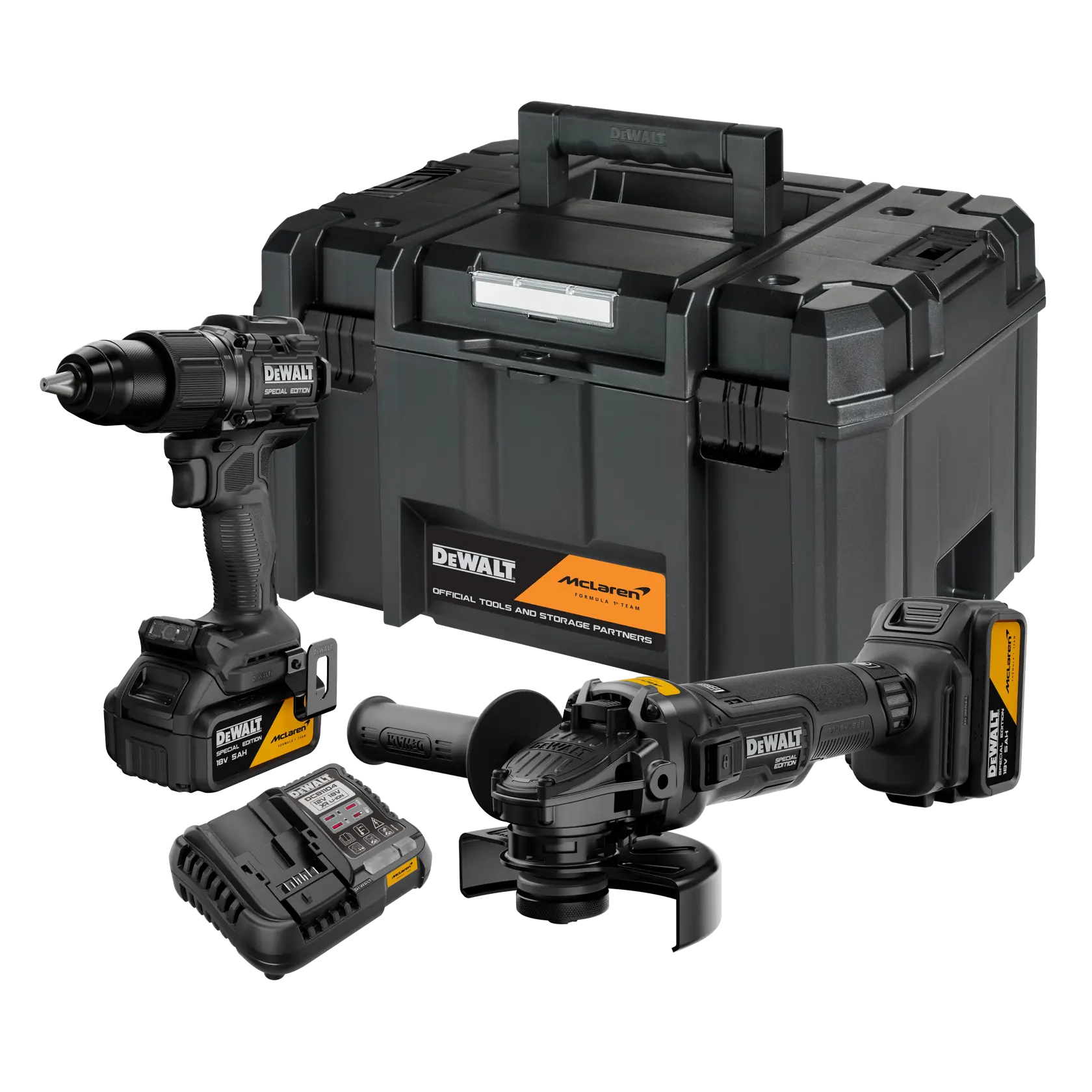 Kit DEWALT DCK2223MP2T-QW, DCK2223MP2T con taladro, amoladora, cargador y caja. Categoría fotografía.